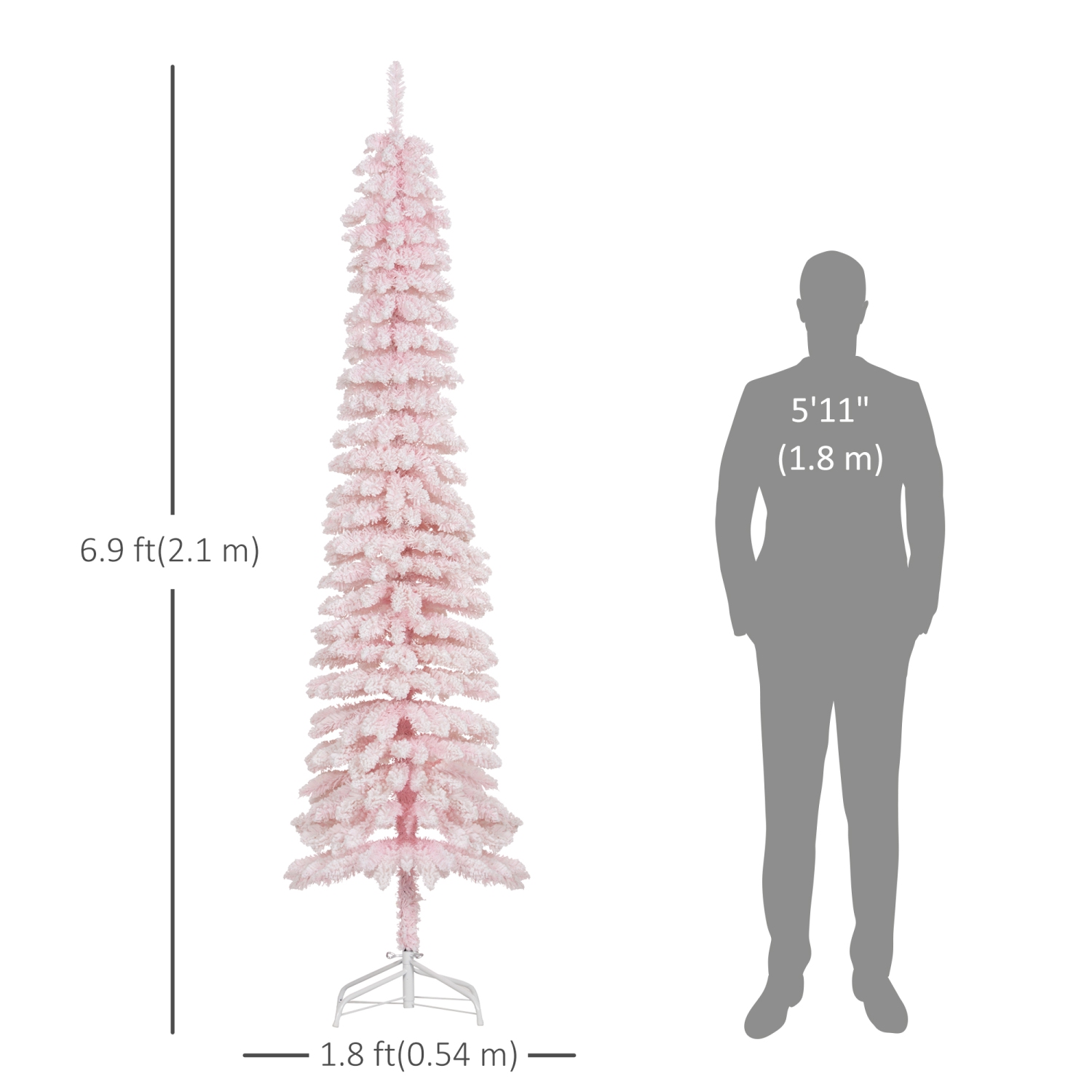 HOMCOM 7 FT Snow-Flocked Artificial Christmas Tree, Slim Pencil Xmas Tree with Realistic Branches, Metal Base, Pink