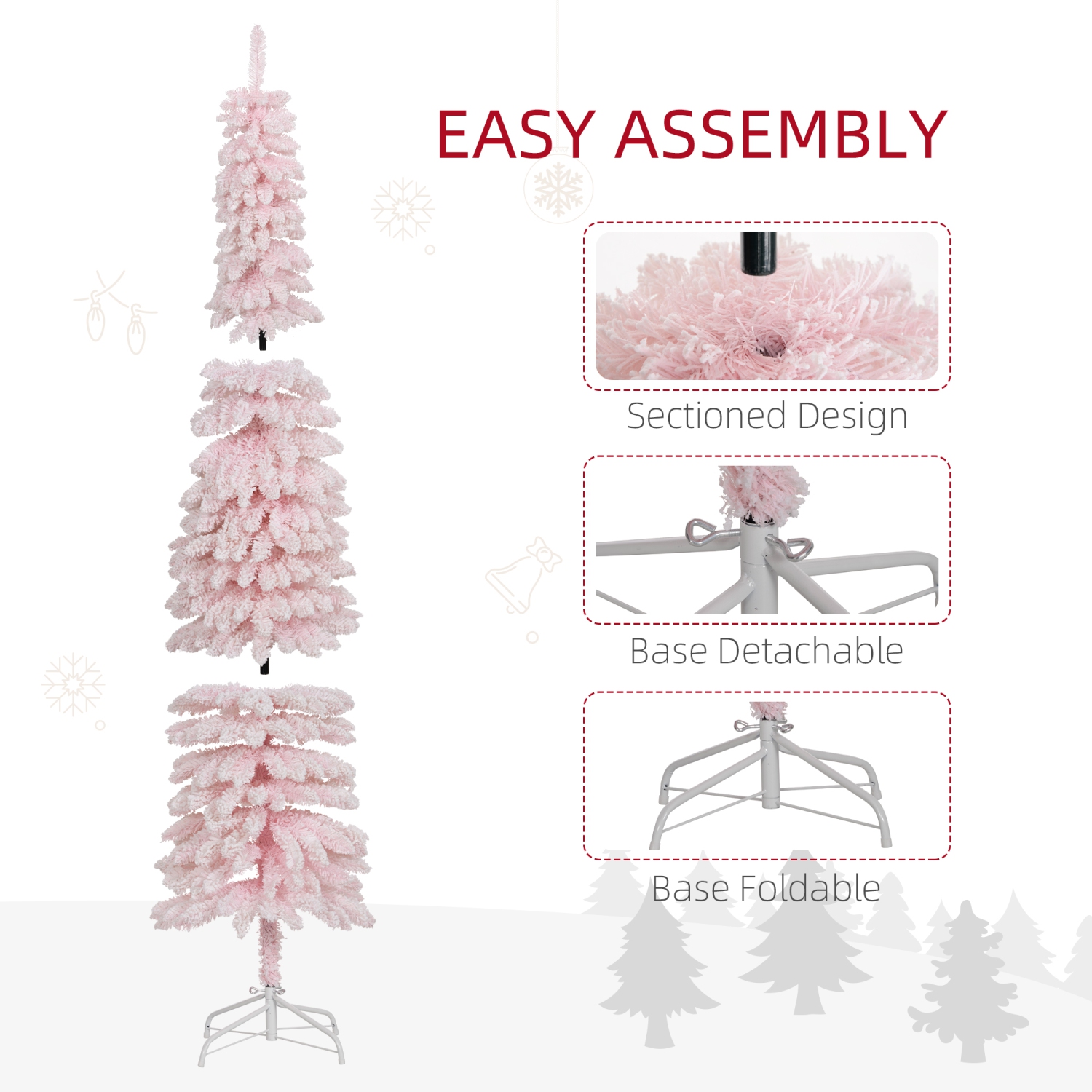 HOMCOM 7 FT Snow-Flocked Artificial Christmas Tree, Slim Pencil Xmas Tree with Realistic Branches, Metal Base, Pink