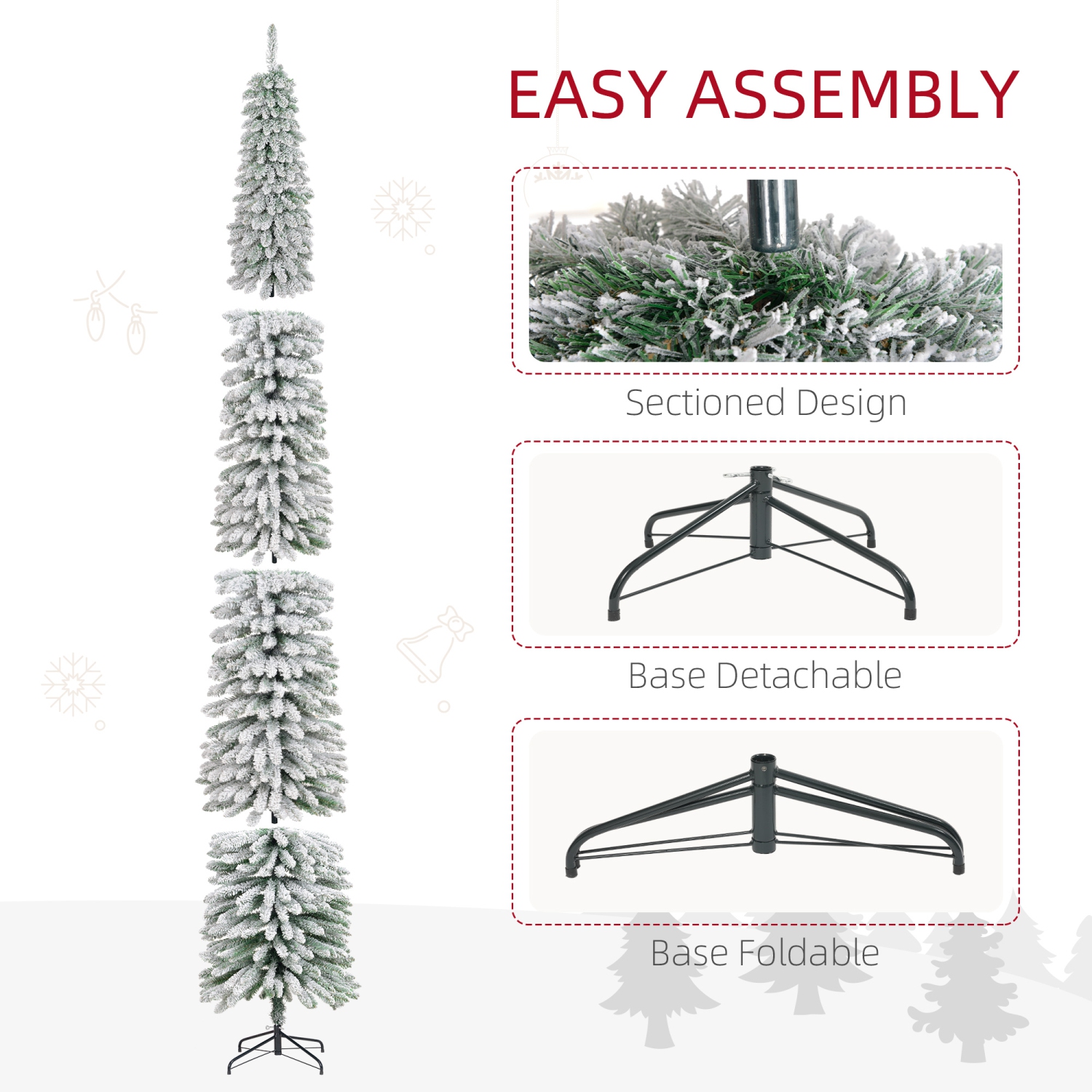 HOMCOM – Arbre de Noël artificiel floqué de neige, 9 pi, arbre de Noël étroit avec branches réalistes, base en métal, vert