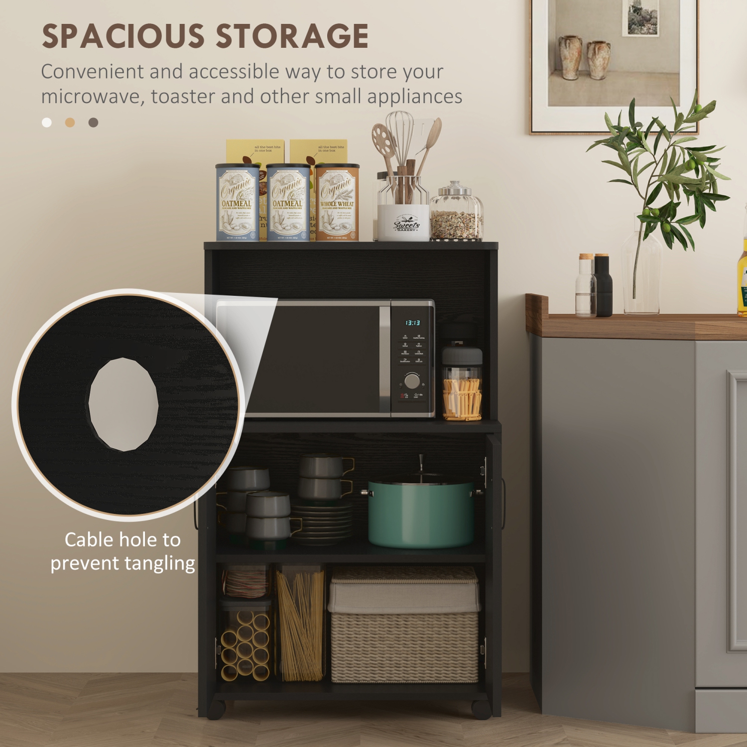 HOMCOM – Bibliothèque de rangement utilitaire à roulettes pour four à micro-ondes avec armoire à 2 portes, fini grain de bois noir