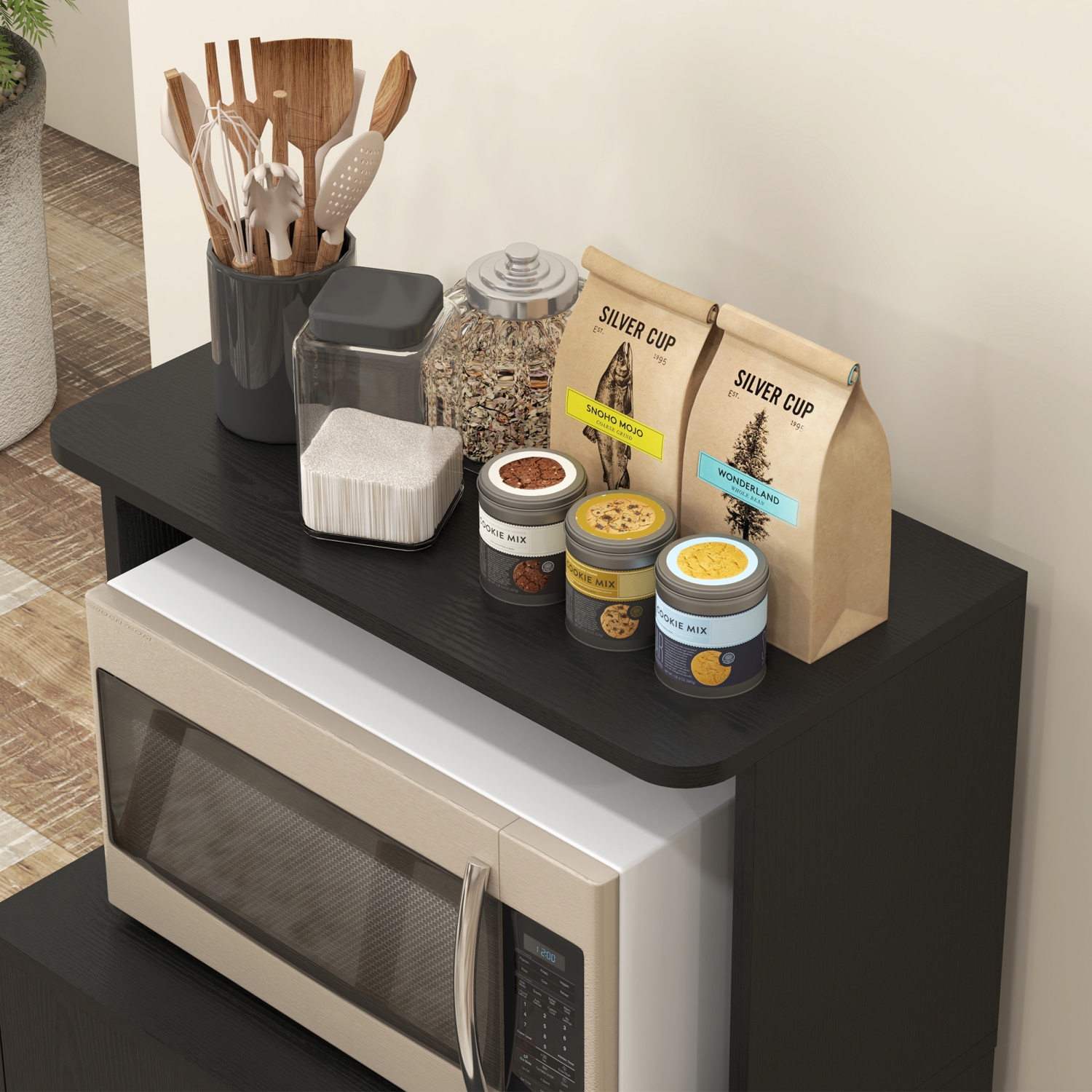 HOMCOM – Bibliothèque de rangement utilitaire à roulettes pour four à micro-ondes avec armoire à 2 portes, fini grain de bois noir