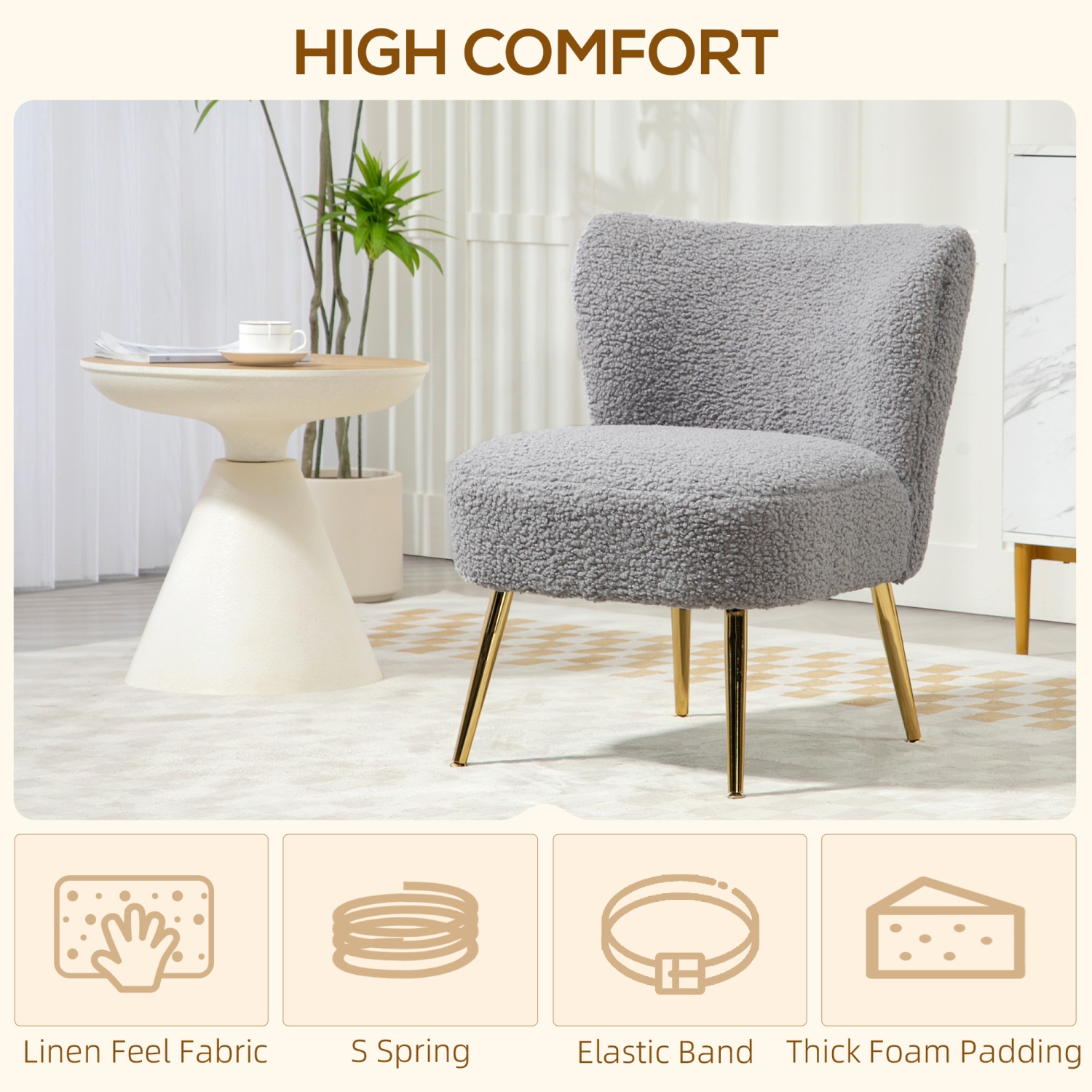 HOMCOM – Chaise-coiffeuse moderne sans accoudoirs avec pattes en acier doré pour la chambre et le salon, gris charbon