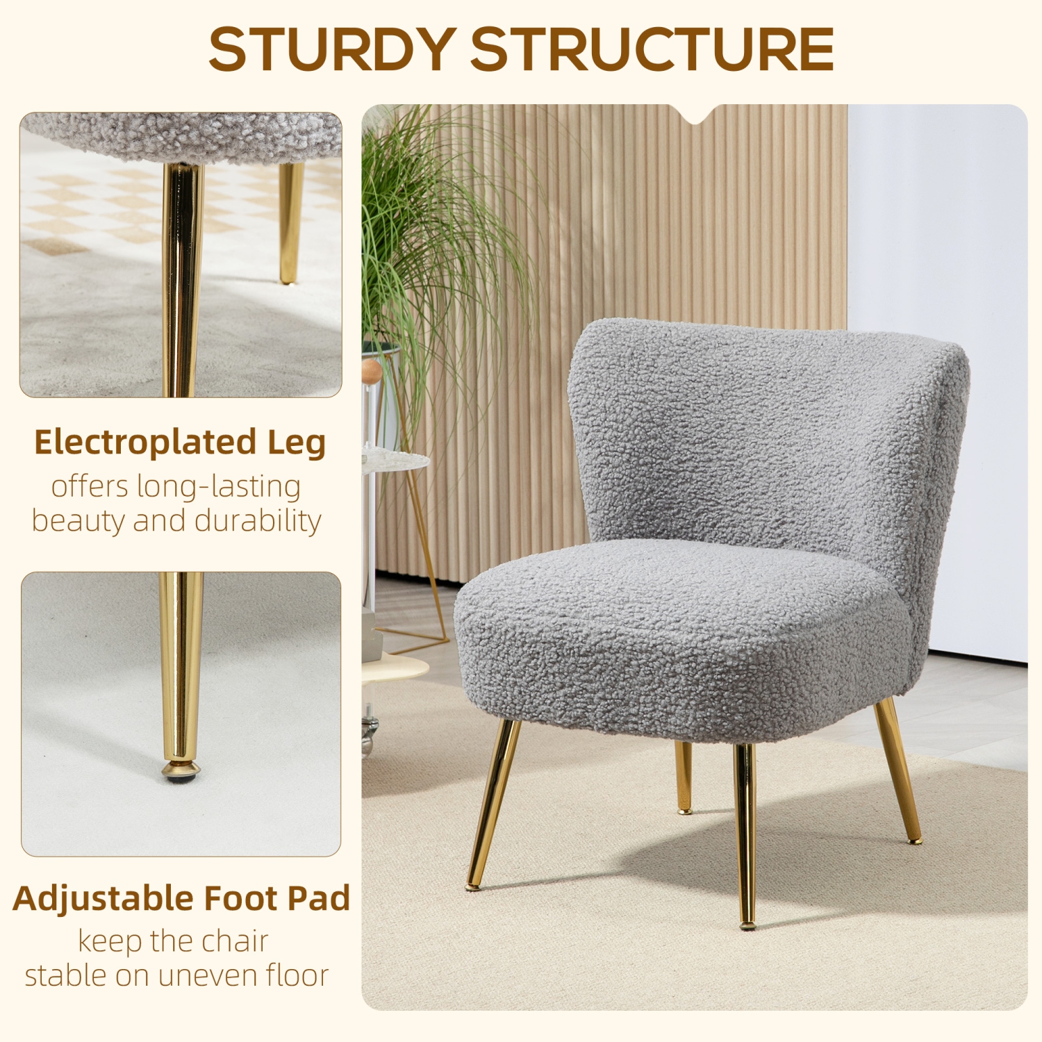 HOMCOM – Chaise-coiffeuse moderne sans accoudoirs avec pattes en acier doré pour la chambre et le salon, gris charbon