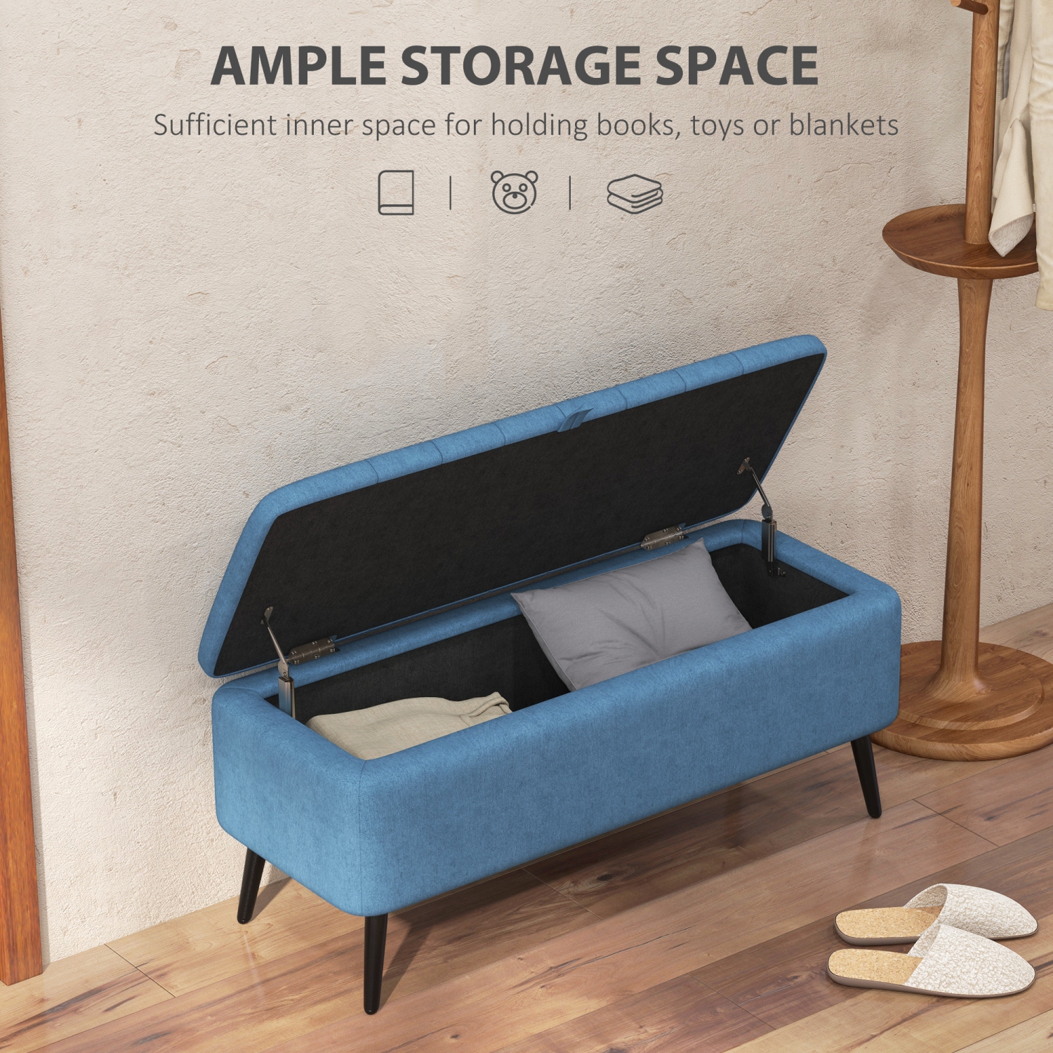 HOMCOM Storage Ottoman with Flip Top, Rectangular Upholstered Bench, Linen Fabric Footstool with Steel Legs for Living Room, Bedroom, Dark Blue