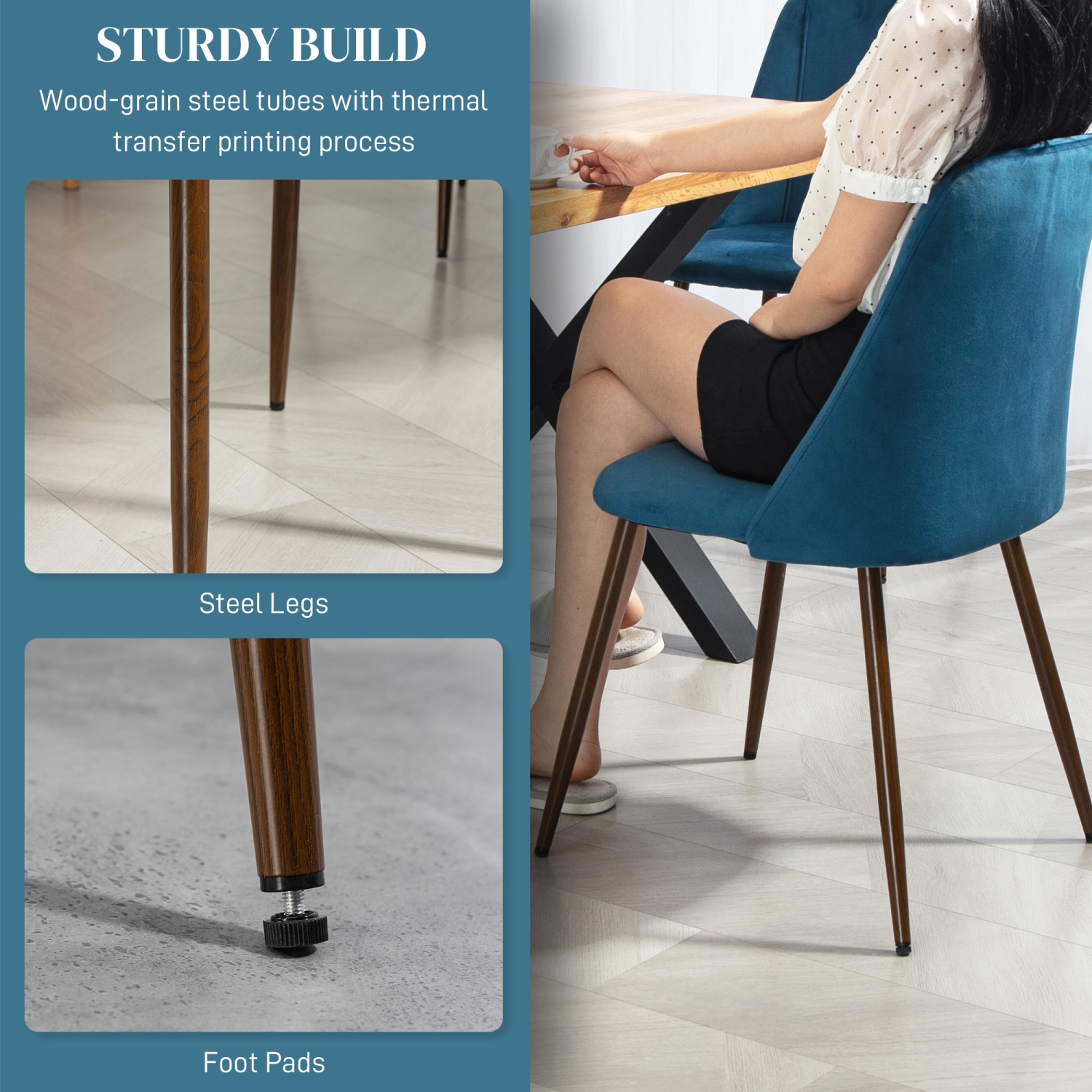 HOMCOM Dining Chairs Set of 4, Modern Kitchen Chairs with Velvet-touch Upholstery, Curved Back and Wood-grain Steel Legs, Accent Chairs for Living