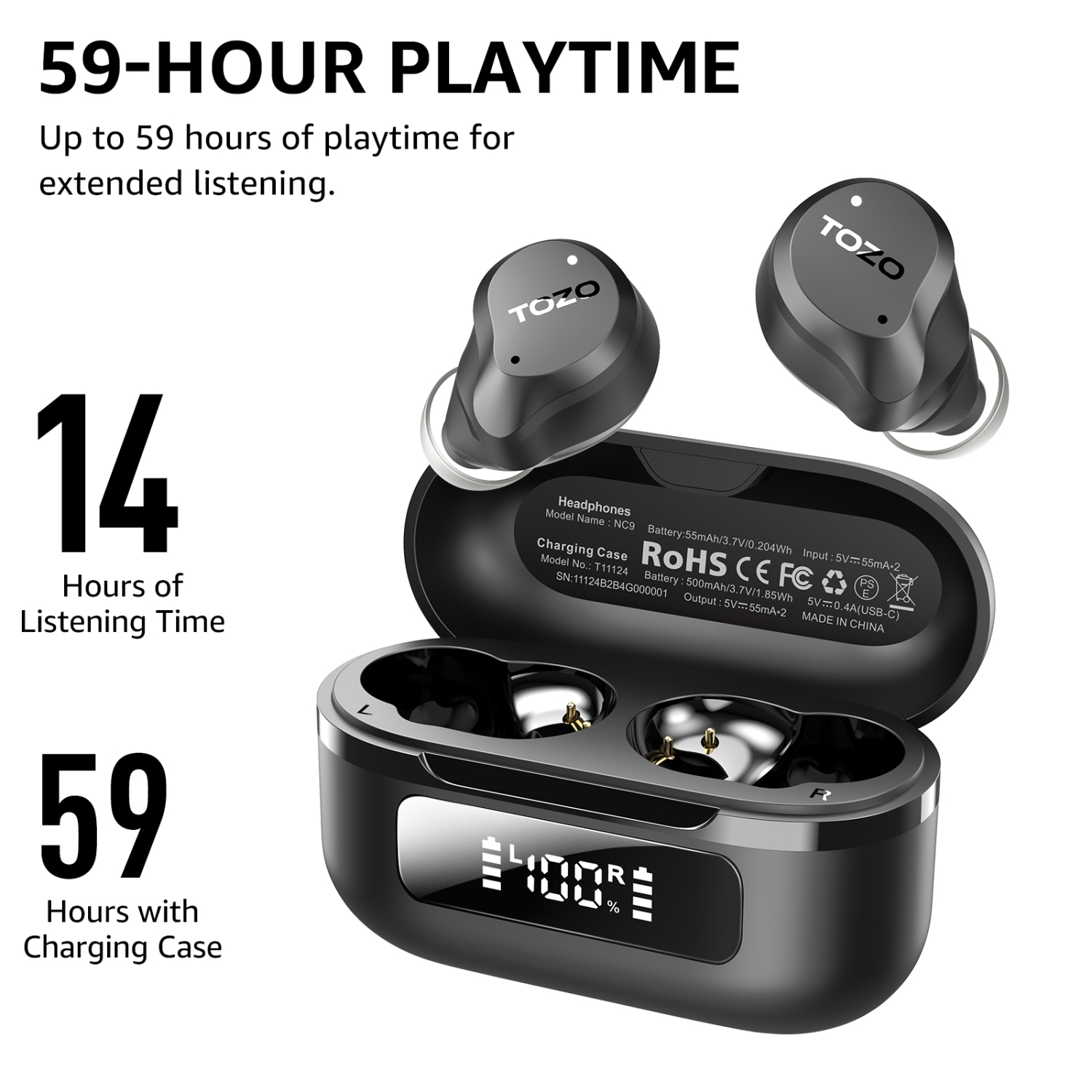 TOZO New Upgrade NC9 True Wireless Earbuds In-ear LED Digital Power Display with 6 MicsANC Noise Cancel IPX8 Waterproof Stereo Bass Heasets-Black