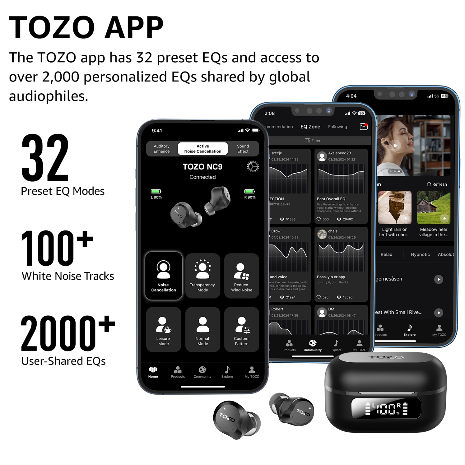 TOZO New Upgrade NC9 True Wireless Earbuds In-ear LED Digital Power Display with 6 MicsANC Noise Cancel IPX8 Waterproof Stereo Bass Heasets-Black