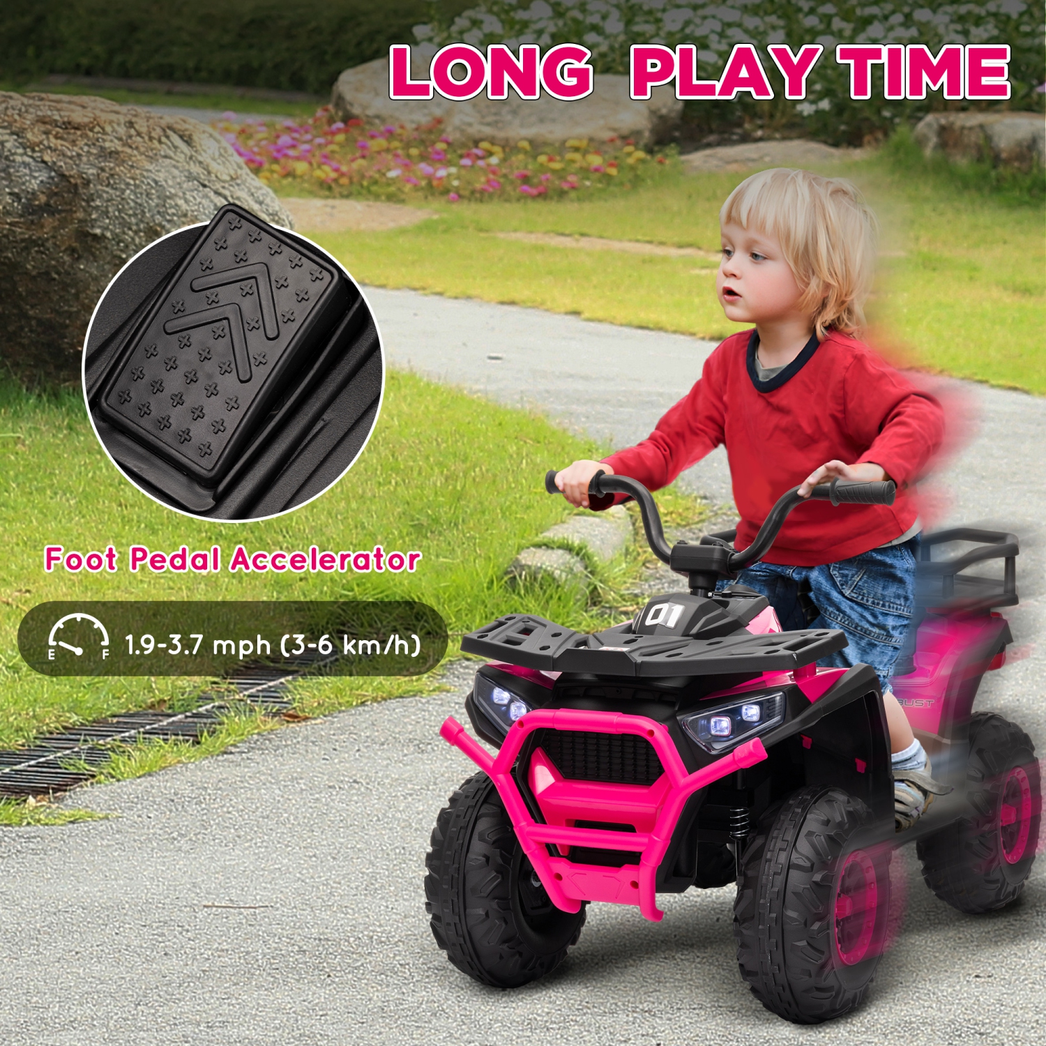 Qaba Kids ATV, 4 Wheeler, 12V Battery Powered Electric Vehicle with 4 Spring Suspension Wheels, Storage Basket, LED Headlights, High & Low Speed,