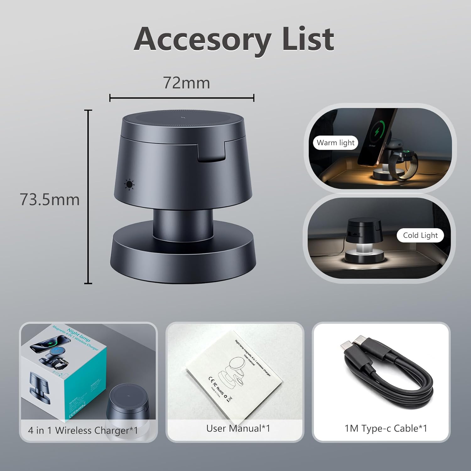 Station de chargement sans fil 4-en-1 avec lampe de nuit pour chargeur magnétique rapide MagSafe, support sans fil iPhone, chargeur de voyage,