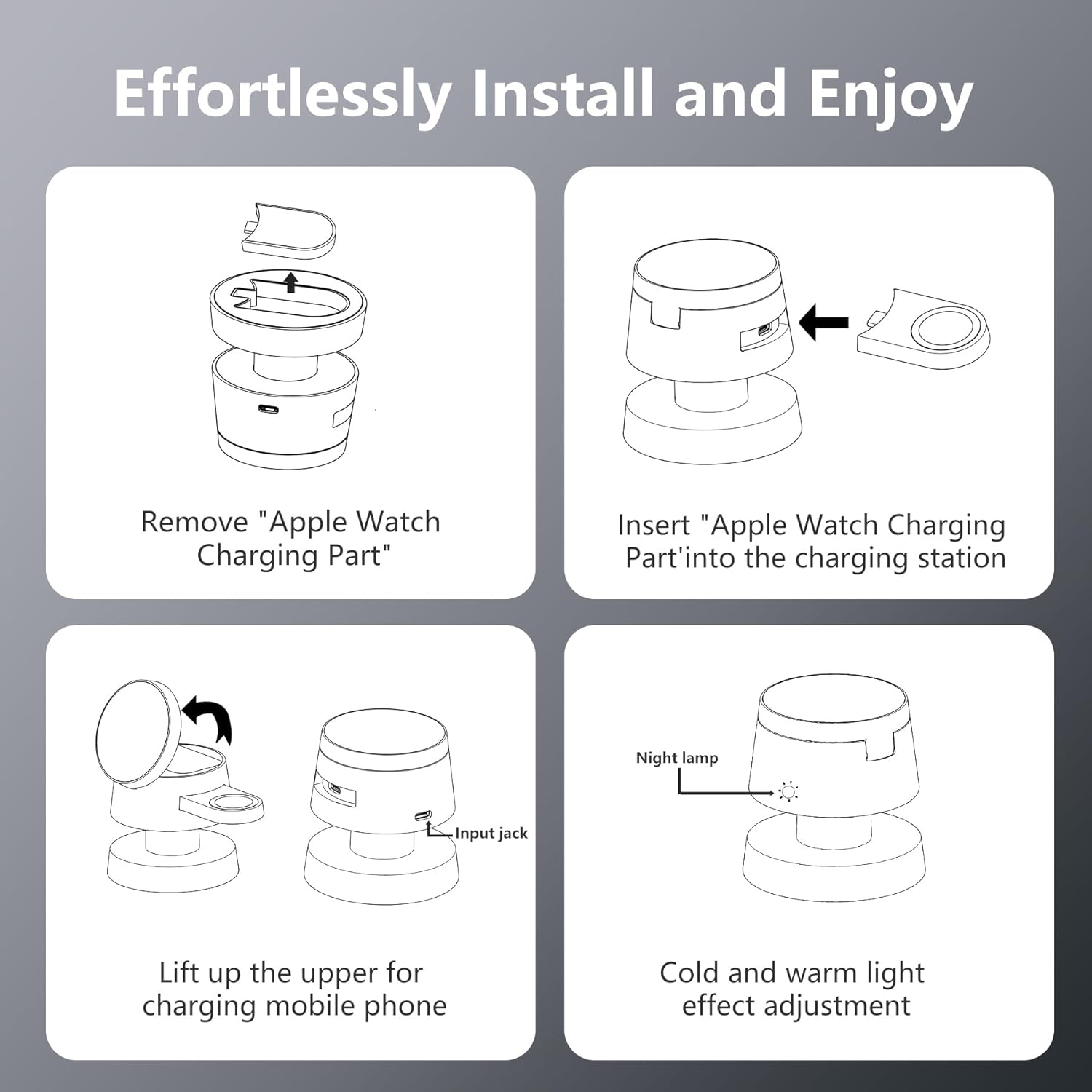 Station de chargement sans fil 4-en-1 avec lampe de nuit pour chargeur magnétique rapide MagSafe, support sans fil iPhone, chargeur de voyage,