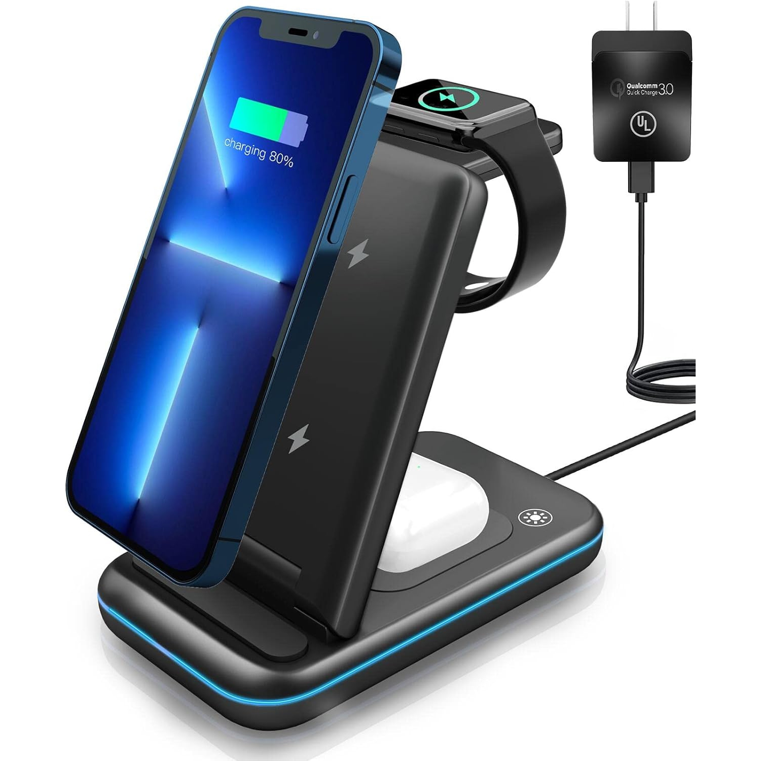 Wireless Charging Station, 3 in 1 Wireless Fast Charger Stand for iPhone 16/15/14/13/12/11/Pro/Max/XS/XR/X/8/Plus, for Apple Watch Ultra 8/7/6/5/4/3/2/SE, for AirPods 3/2/Pro