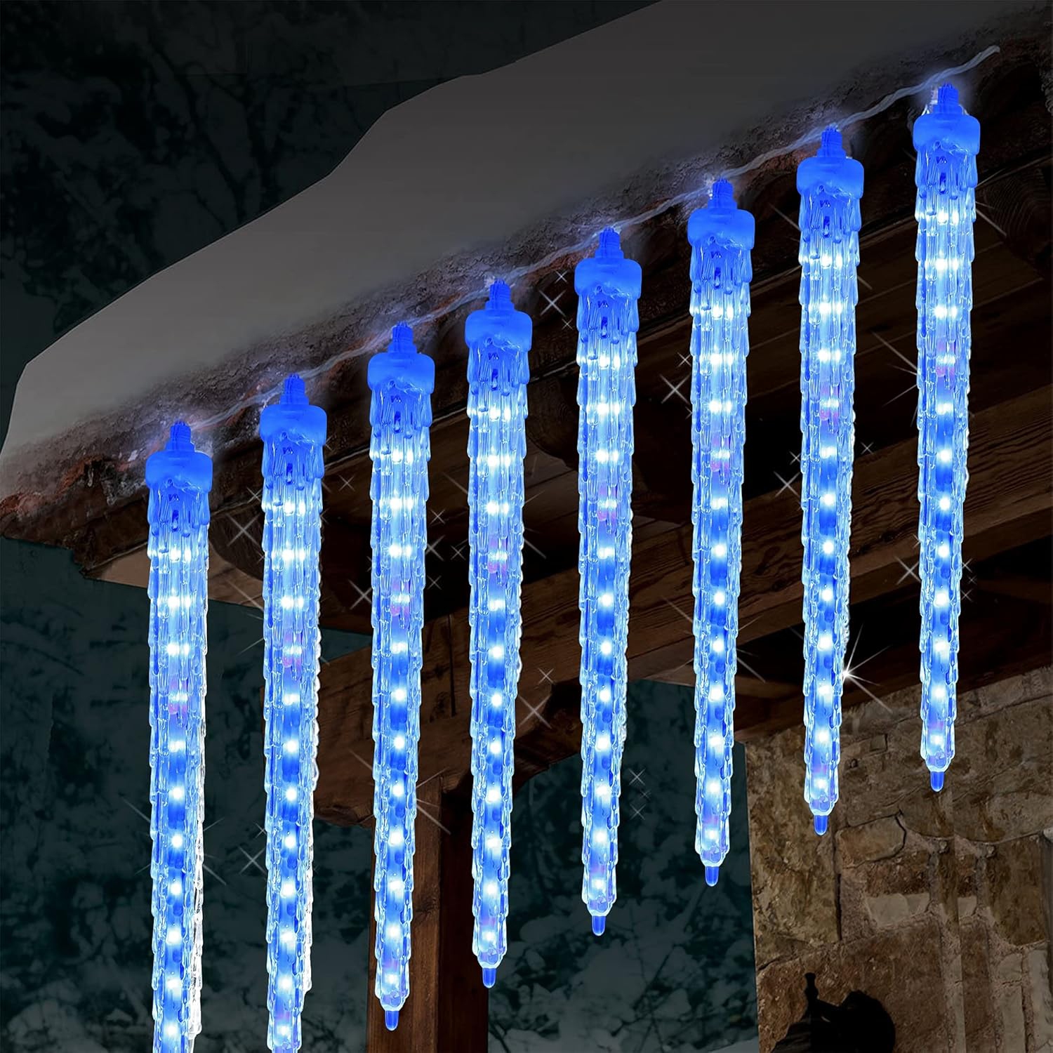 Meteor Shower Lights, 12" Outdoor Icicle Christmas Lights 8 Icicles 192 SMD LED Crystal Ice Falling Lights, Connectable Raindrop Iciclelight, Xmas
