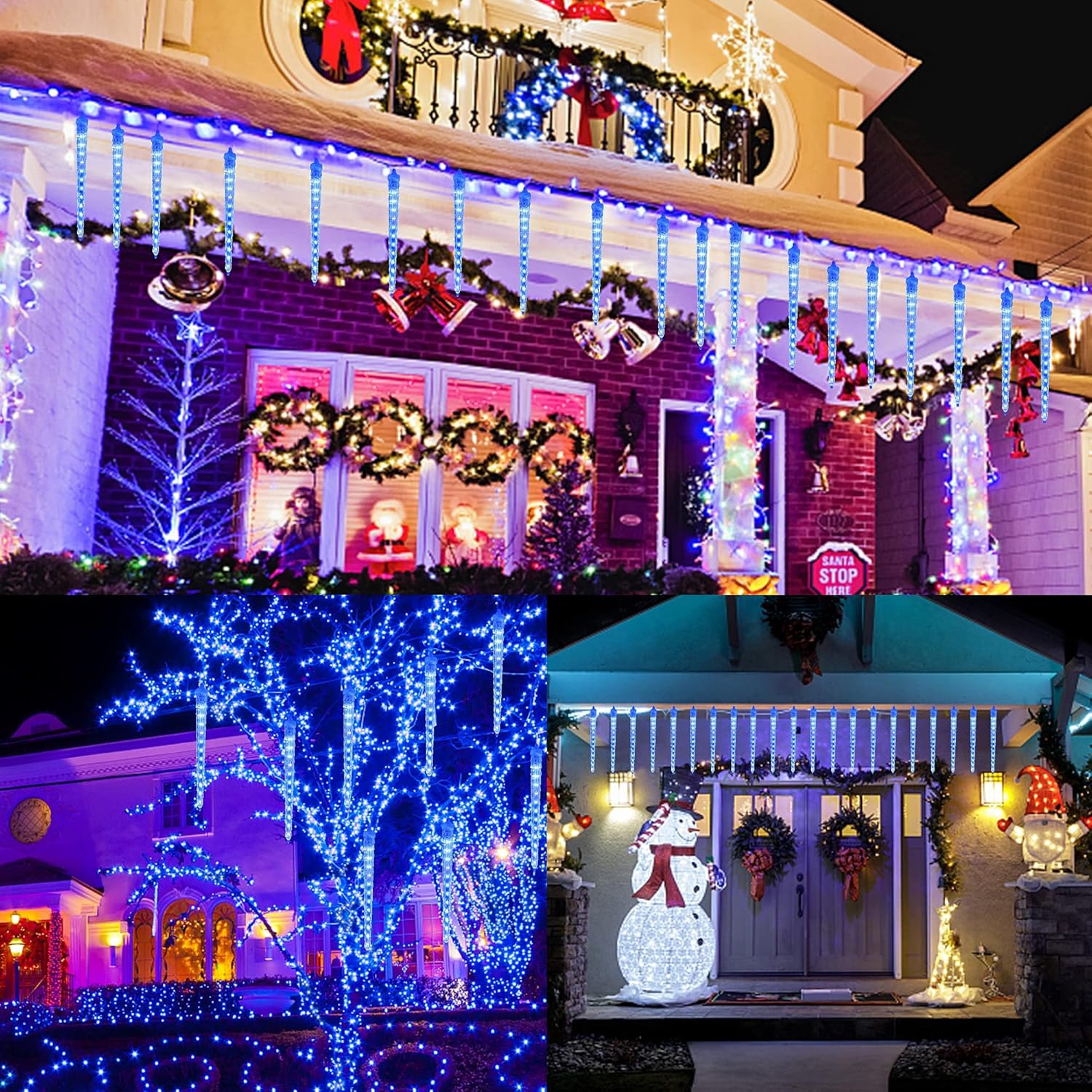 Meteor Shower Lights, 12" Outdoor Icicle Christmas Lights 8 Icicles 192 SMD LED Crystal Ice Falling Lights, Connectable Raindrop Iciclelight, Xmas