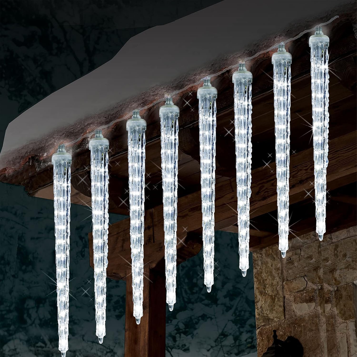 Meteor Shower Lights, 12" Outdoor Icicle Christmas Lights 8 Icicles 192 SMD LED Crystal Ice Falling Lights, Connectable Raindrop Iciclelight, Xmas