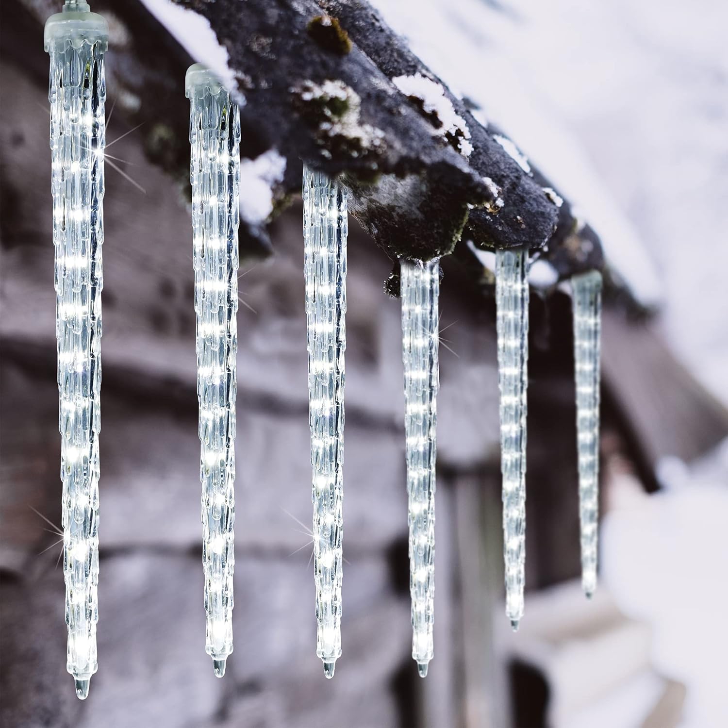 Meteor Shower Lights, 12" Outdoor Icicle Christmas Lights 8 Icicles 192 SMD LED Crystal Ice Falling Lights, Connectable Raindrop Iciclelight, Xmas