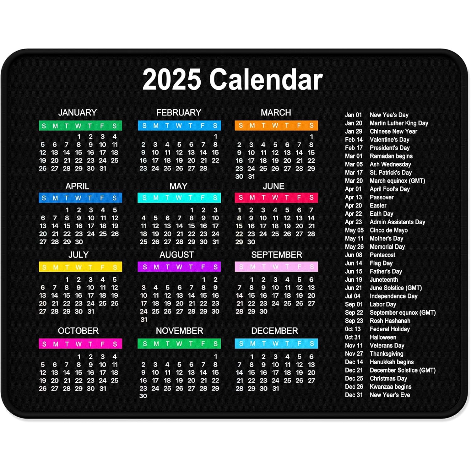 Tapis de souris Calendrier 2025, tapis de souris carré Nouvel An 2025, dos antidérapant en caoutchouc, bords cousus, surface lisse