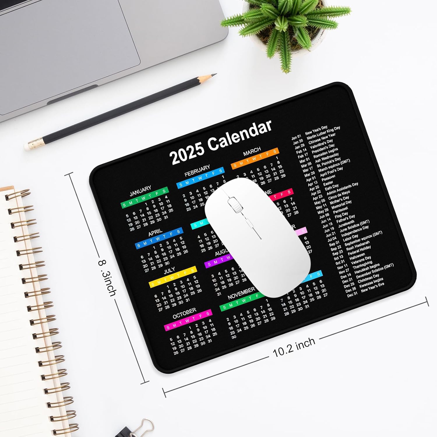 Tapis de souris Calendrier 2025, tapis de souris carré Nouvel An 2025, dos antidérapant en caoutchouc, bords cousus, surface lisse