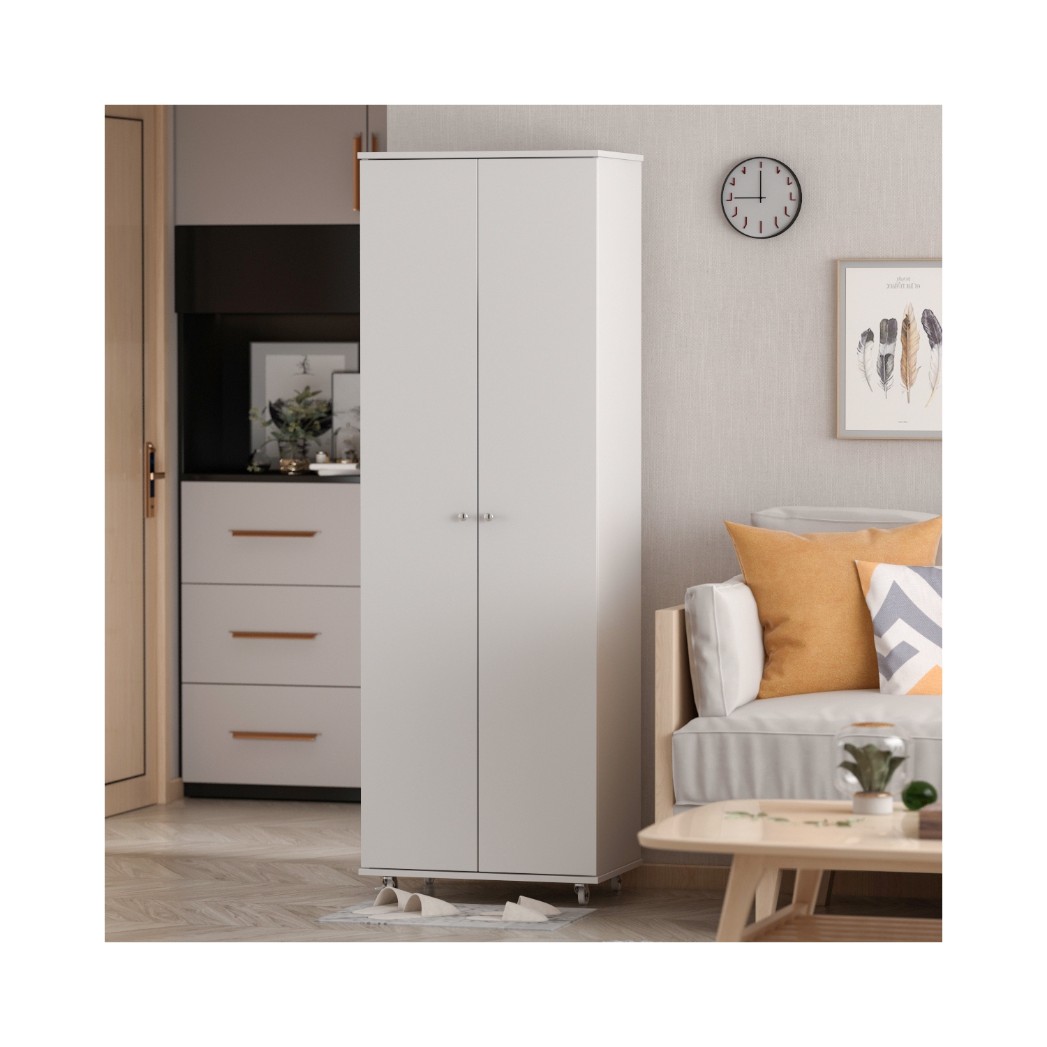 Homsee Vertical Shoe Organizer with Adjustable Shelves and Rolling Casters, White