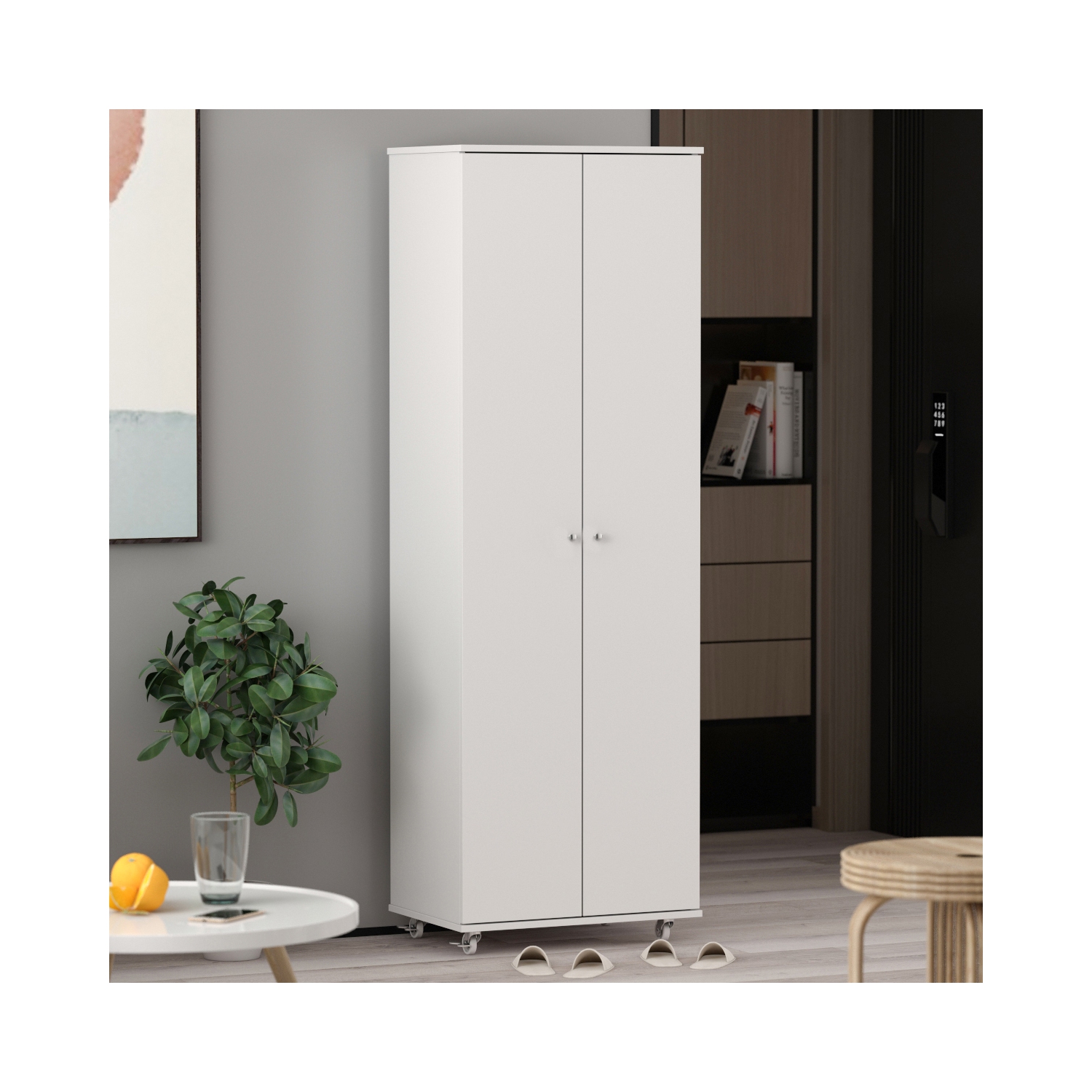 Homsee Vertical Shoe Organizer with Adjustable Shelves and Rolling Casters, White