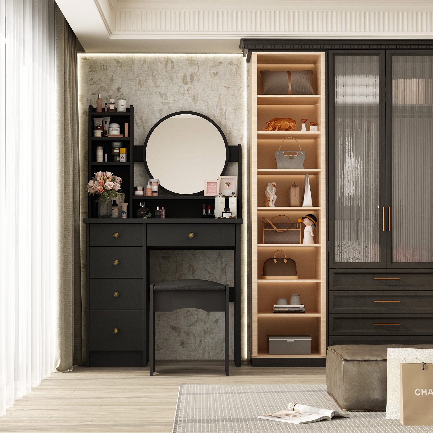 Homsee Makeup Vanity Set with Lighted Mirror, 5 Drawers, Storage Shelves & Cushioned Stool for Bedroom, Black