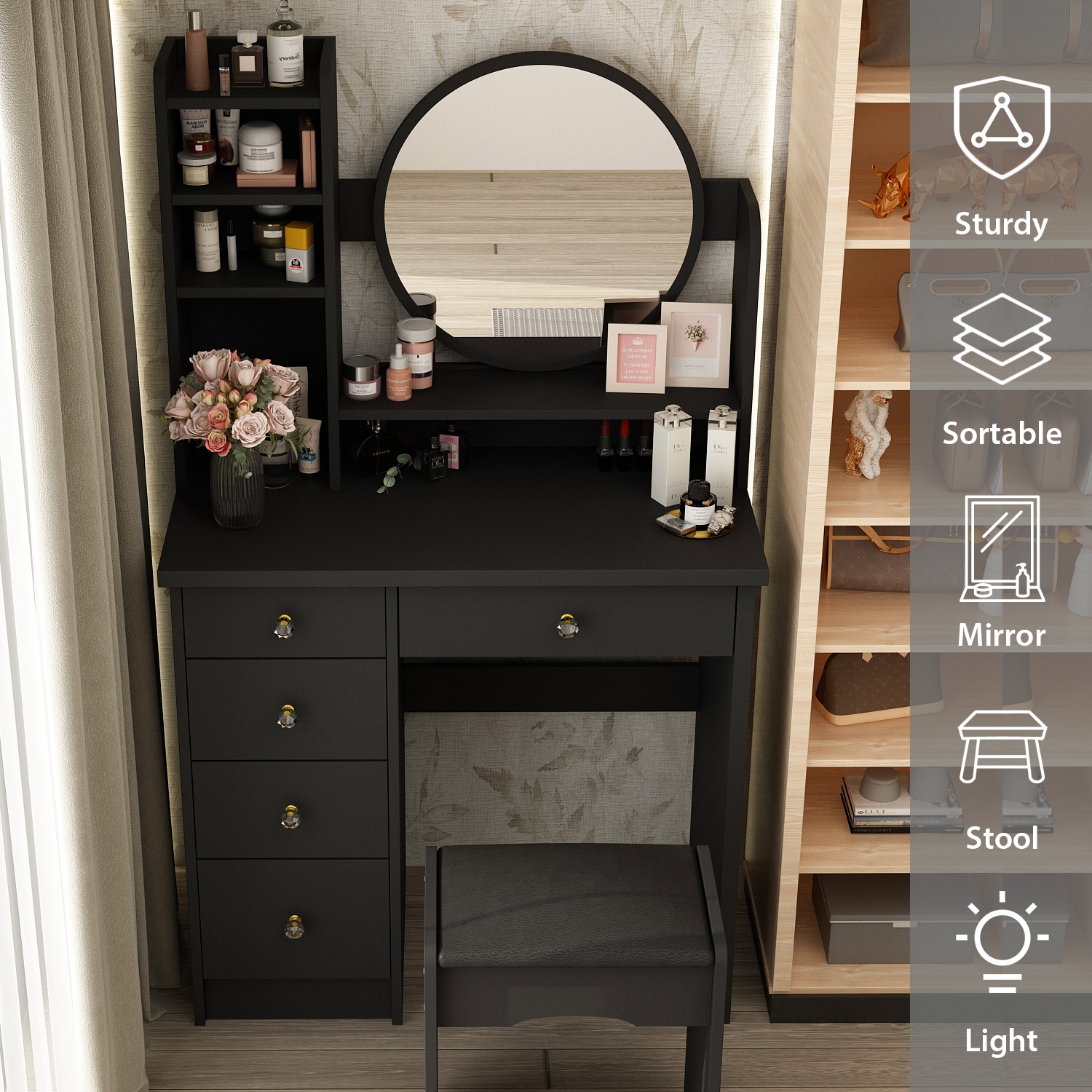 Homsee Makeup Vanity Set with Lighted Mirror, 5 Drawers, Storage Shelves & Cushioned Stool for Bedroom, Black