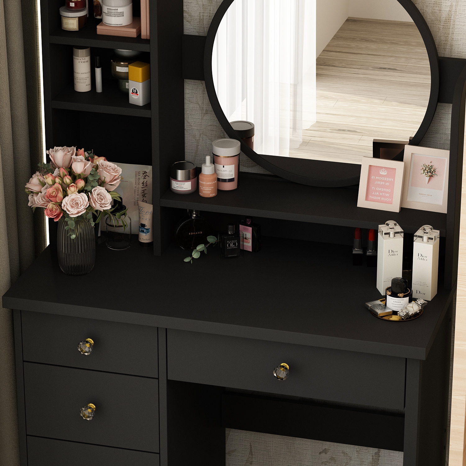 Homsee Makeup Vanity Set with Lighted Mirror, 5 Drawers, Storage Shelves & Cushioned Stool for Bedroom, Black