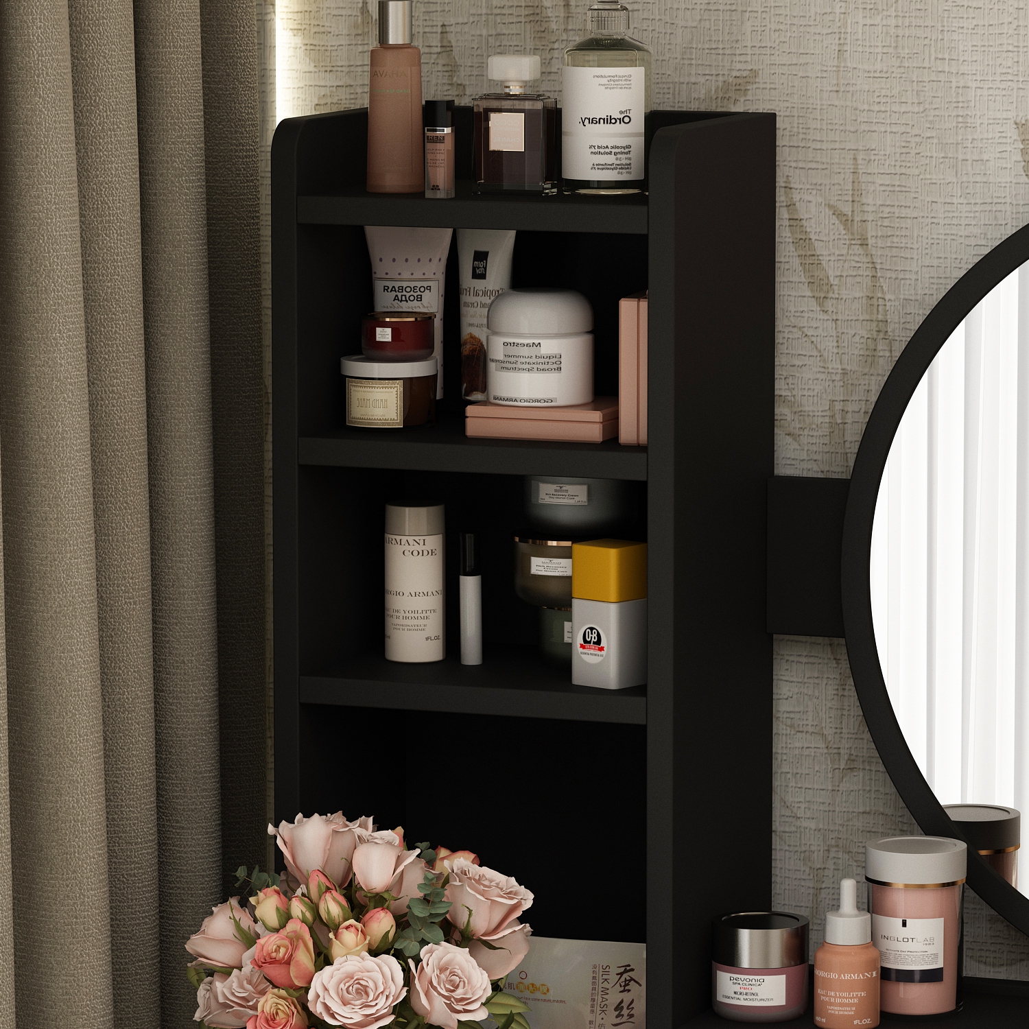 Homsee Makeup Vanity Set with Lighted Mirror, 5 Drawers, Storage Shelves & Cushioned Stool for Bedroom, Black