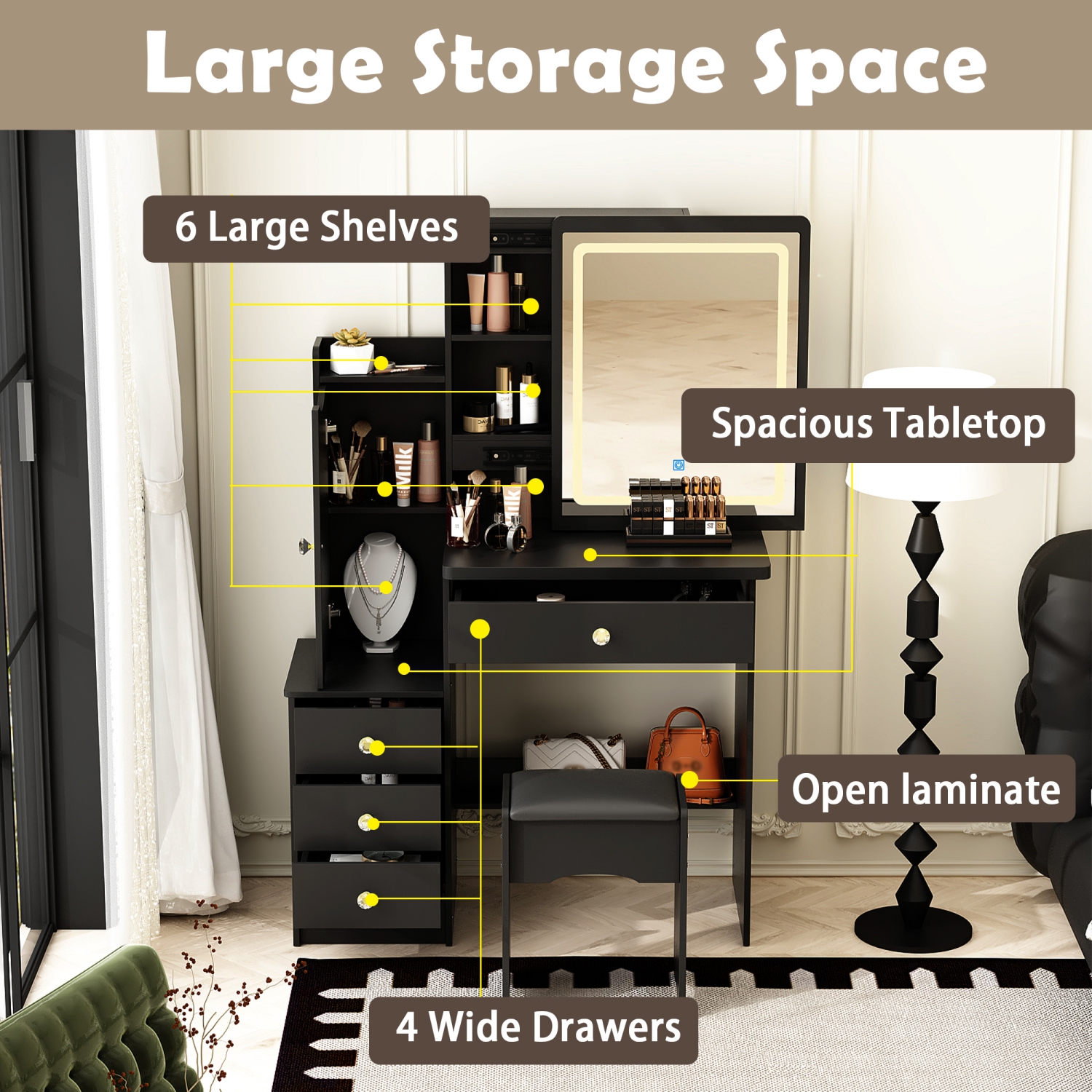 Homsee – Ensemble coiffeuse de maquillage avec miroir éclairé LED, 4 tiroirs, casier de rangement et tabouret rembourré pour chambre à coucher, noir