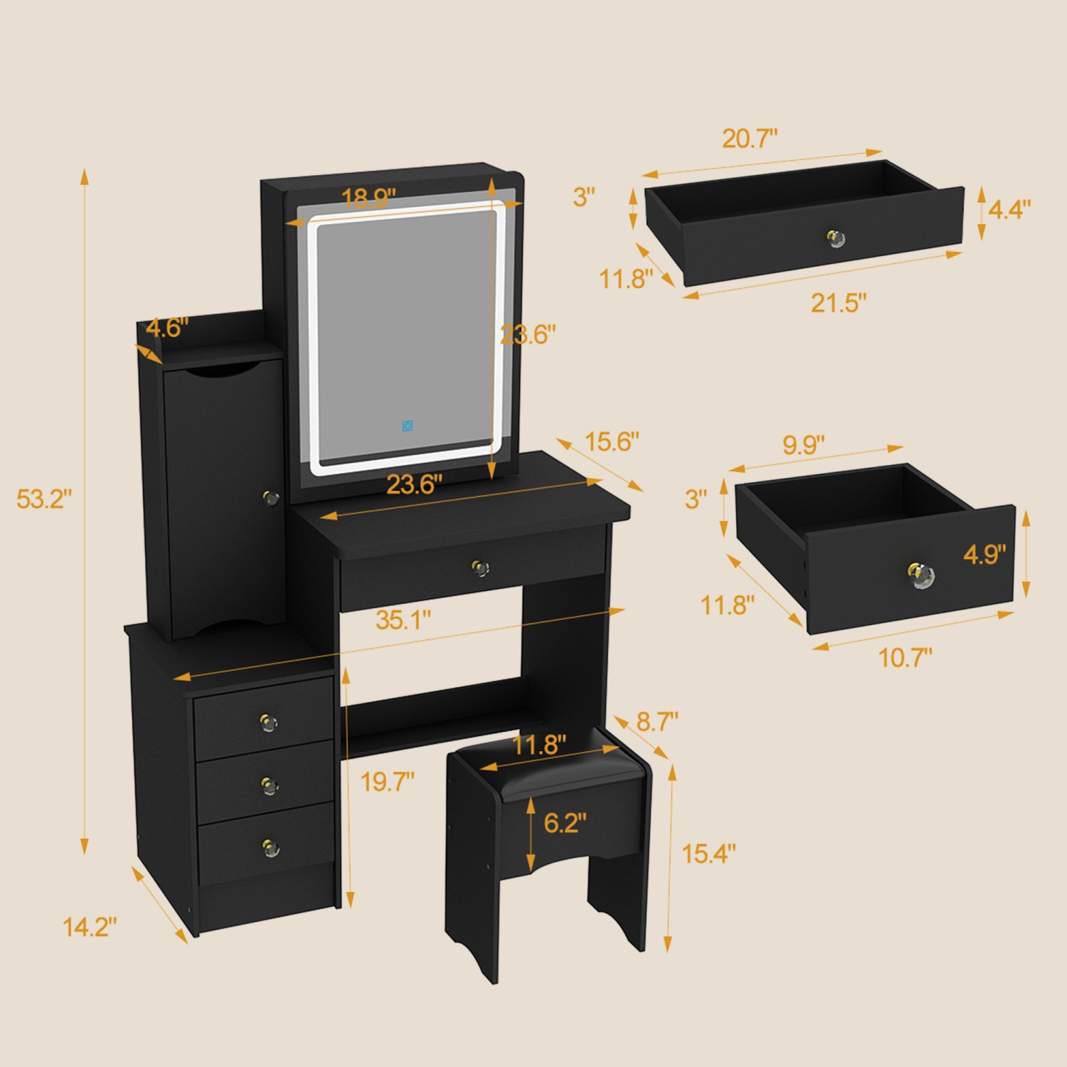 Homsee – Ensemble coiffeuse de maquillage avec miroir éclairé LED, 4 tiroirs, casier de rangement et tabouret rembourré pour chambre à coucher, noir