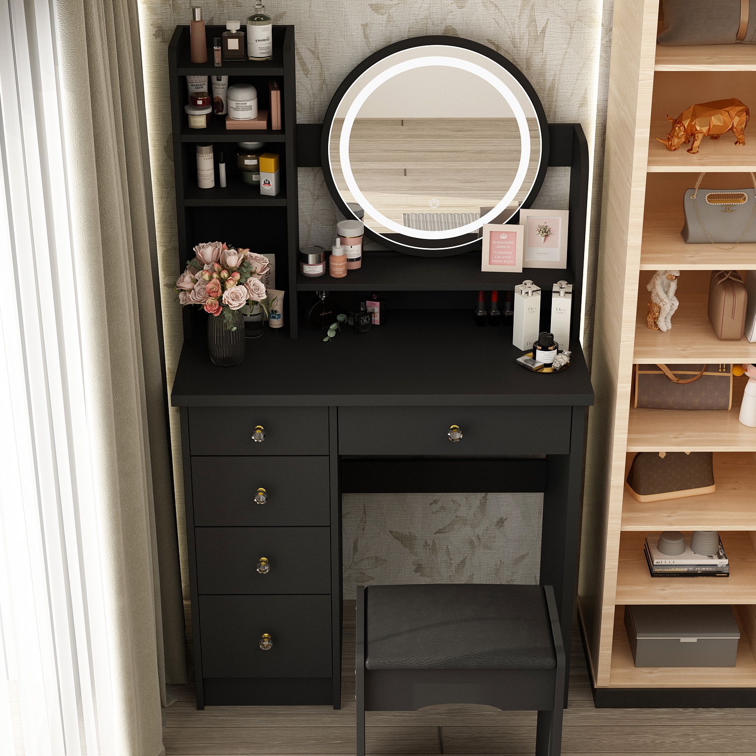 Homsee – Meuble-lavabo illuminé avec miroir à écran tactile, 5 tiroirs et tablettes de rangement, table à langer pour chambre à coucher, noir