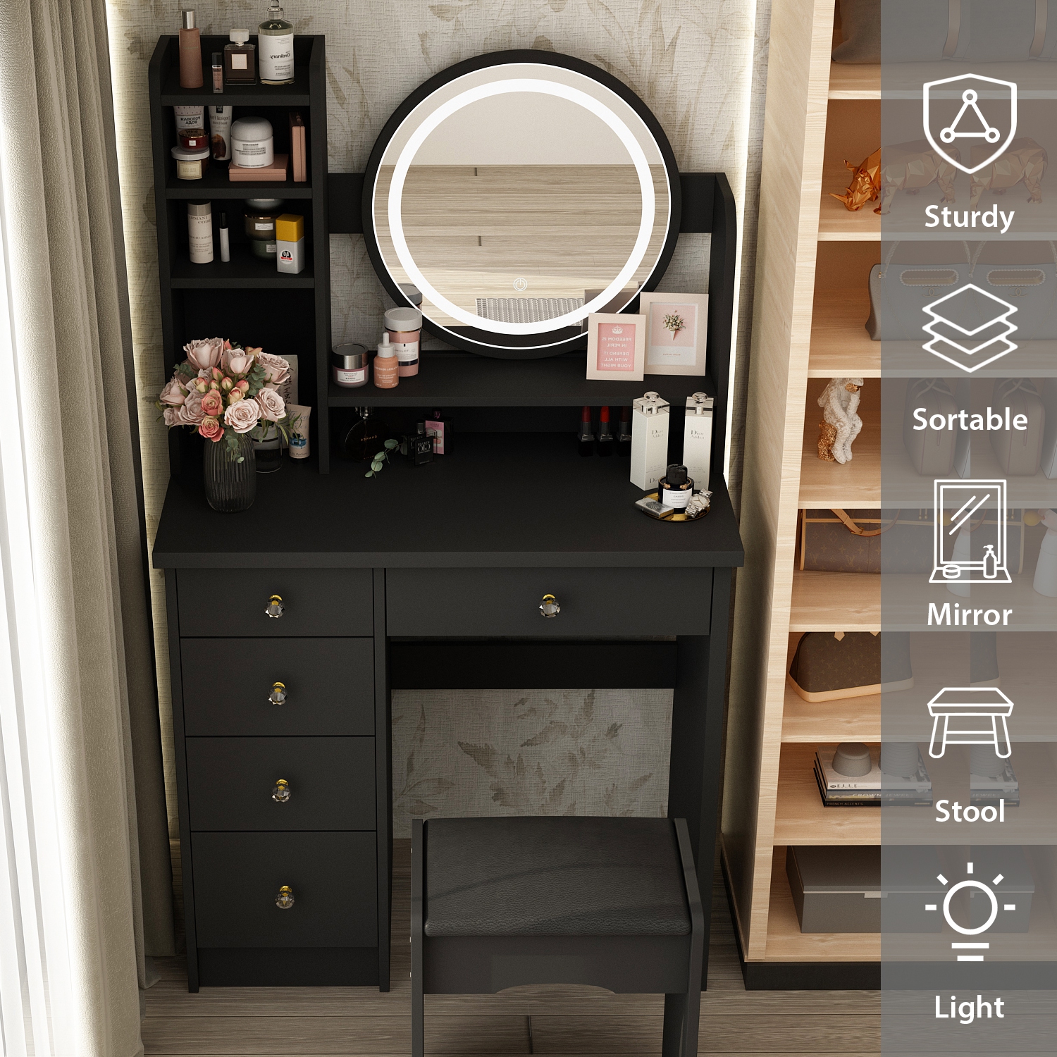 Homsee – Meuble-lavabo illuminé avec miroir à écran tactile, 5 tiroirs et tablettes de rangement, table à langer pour chambre à coucher, noir