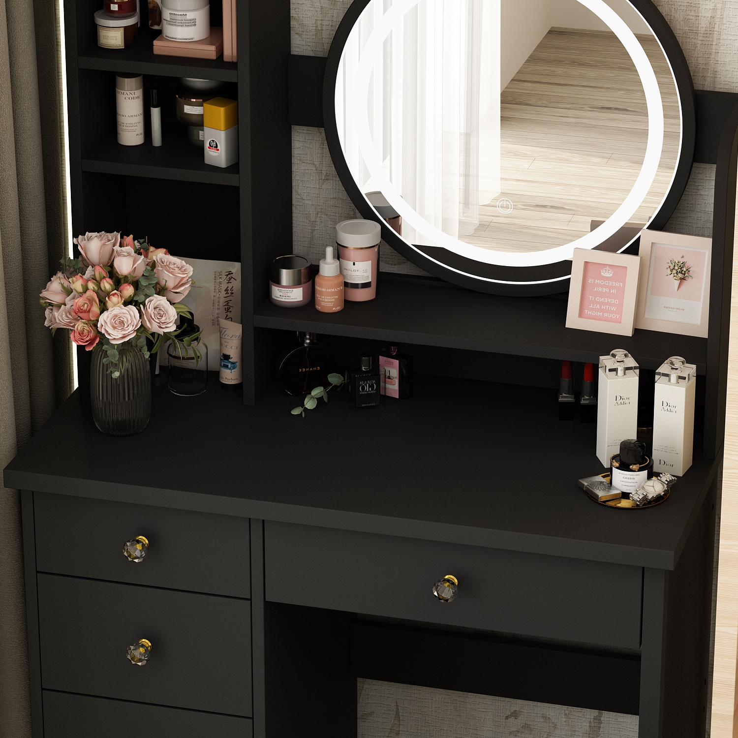 Homsee – Meuble-lavabo illuminé avec miroir à écran tactile, 5 tiroirs et tablettes de rangement, table à langer pour chambre à coucher, noir
