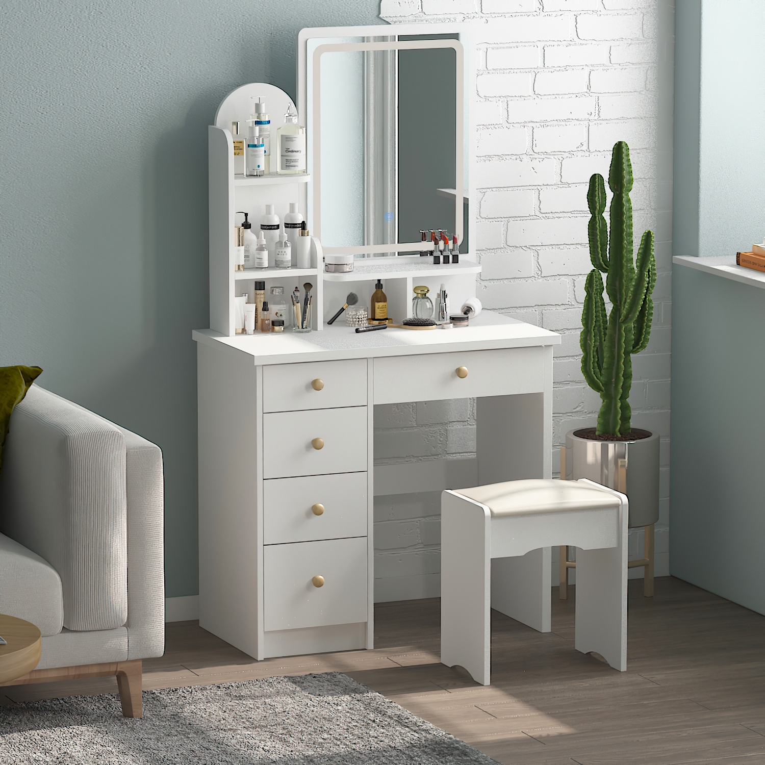 Homsee Lighted Vanity Set with Large Mirror, 5 Drawers, Storage Shelves & Cushioned Stool for Bedroom, White