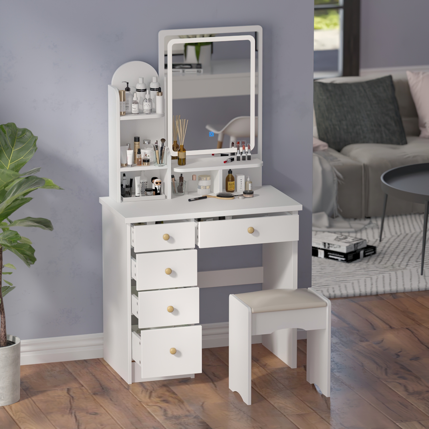 Homsee Lighted Vanity Set with Large Mirror, 5 Drawers, Storage Shelves & Cushioned Stool for Bedroom, White
