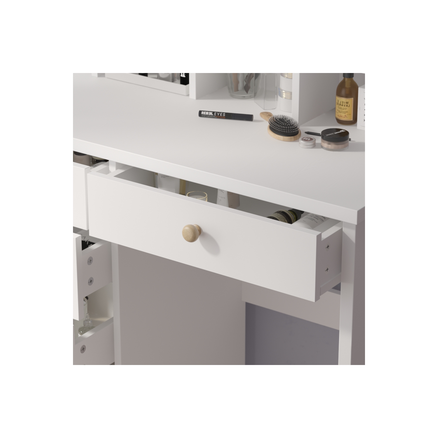 Homsee Lighted Vanity Set with Large Mirror, 5 Drawers, Storage Shelves & Cushioned Stool for Bedroom, White