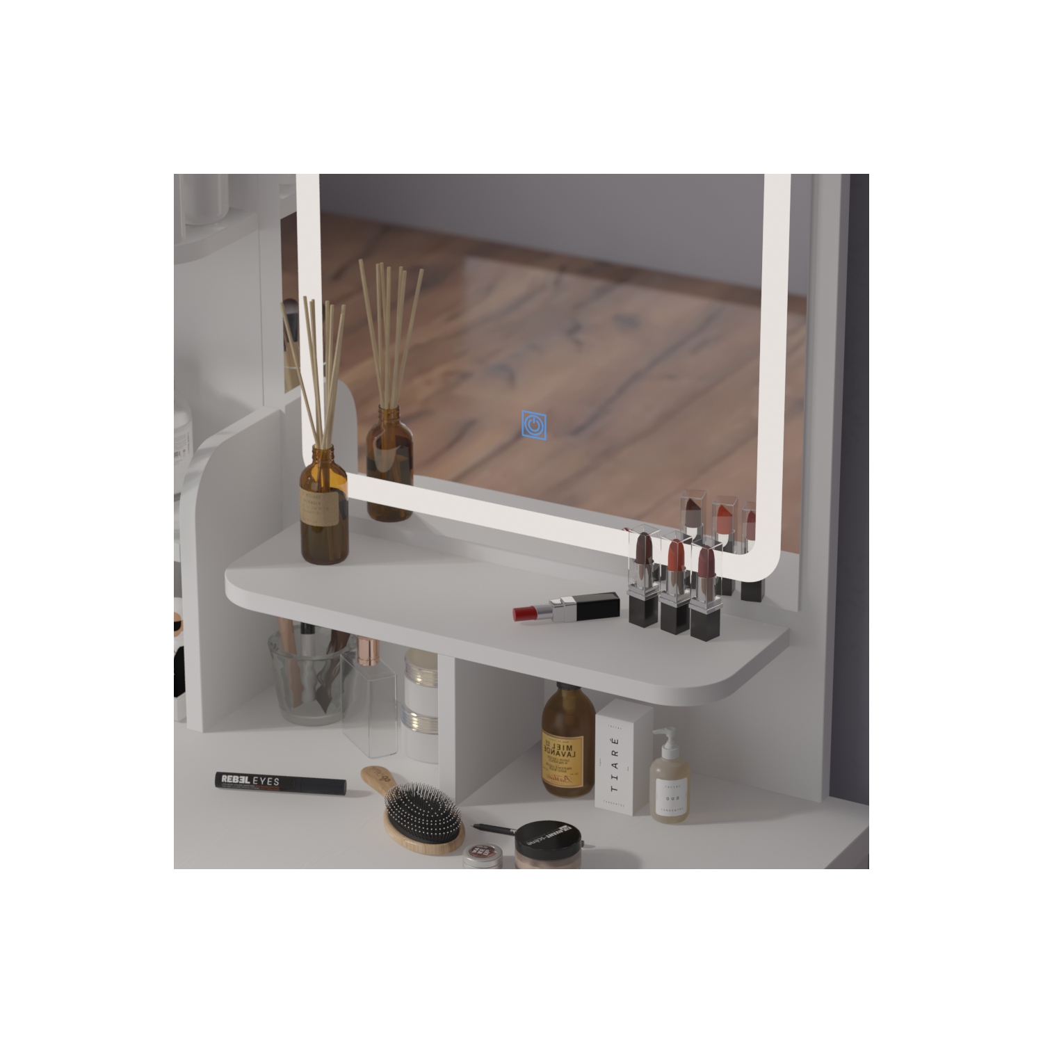 Homsee Lighted Vanity Set with Large Mirror, 5 Drawers, Storage Shelves & Cushioned Stool for Bedroom, White