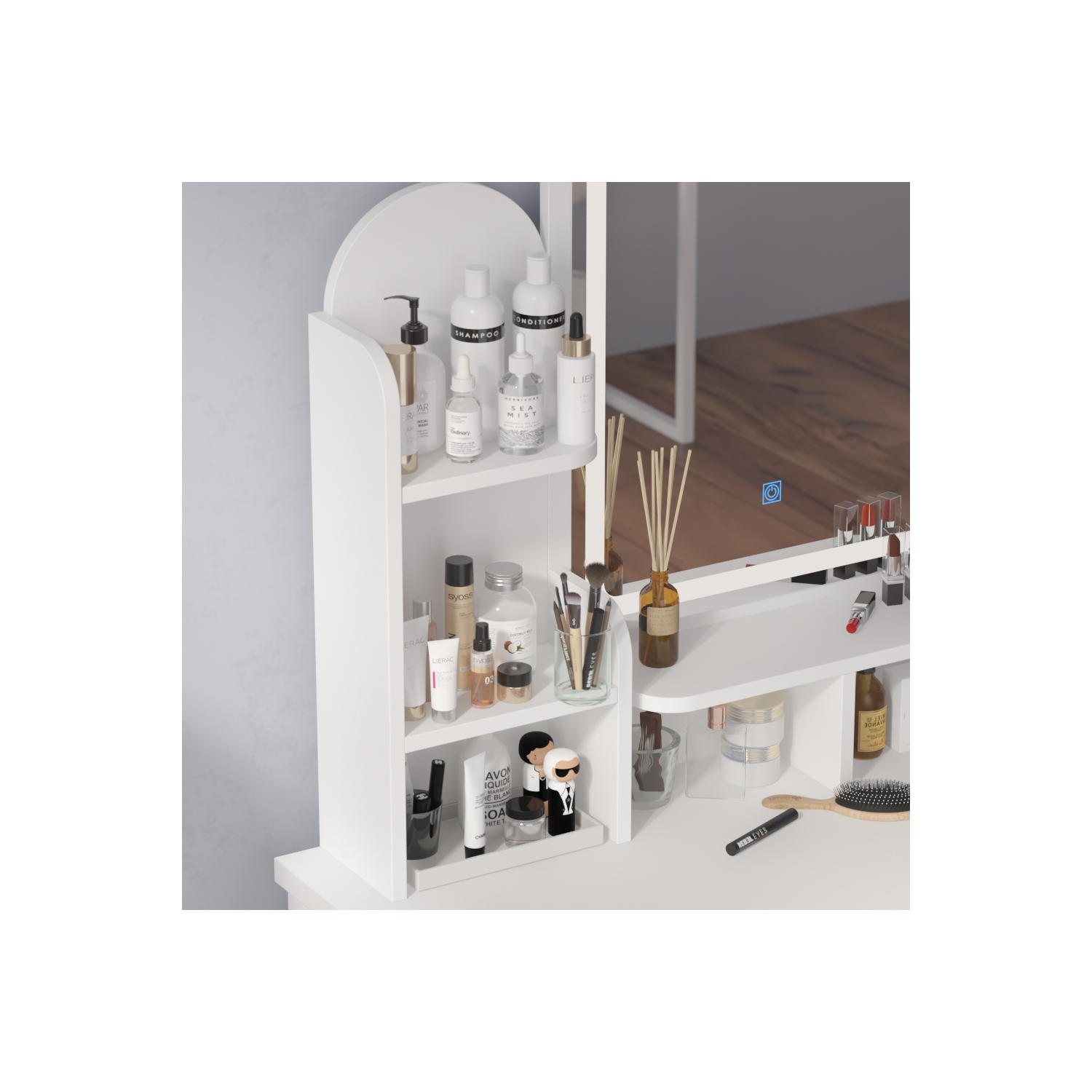 Homsee Lighted Vanity Set with Large Mirror, 5 Drawers, Storage Shelves & Cushioned Stool for Bedroom, White