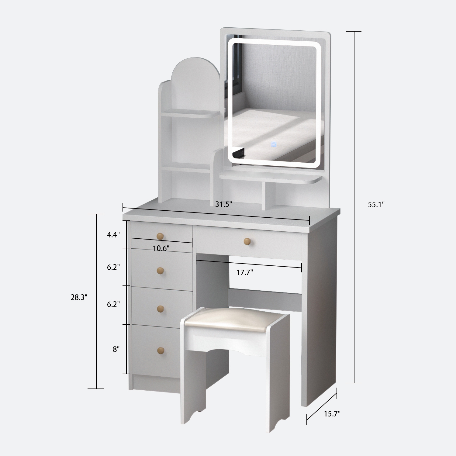 Homsee Lighted Vanity Set with Large Mirror, 5 Drawers, Storage Shelves & Cushioned Stool for Bedroom, White