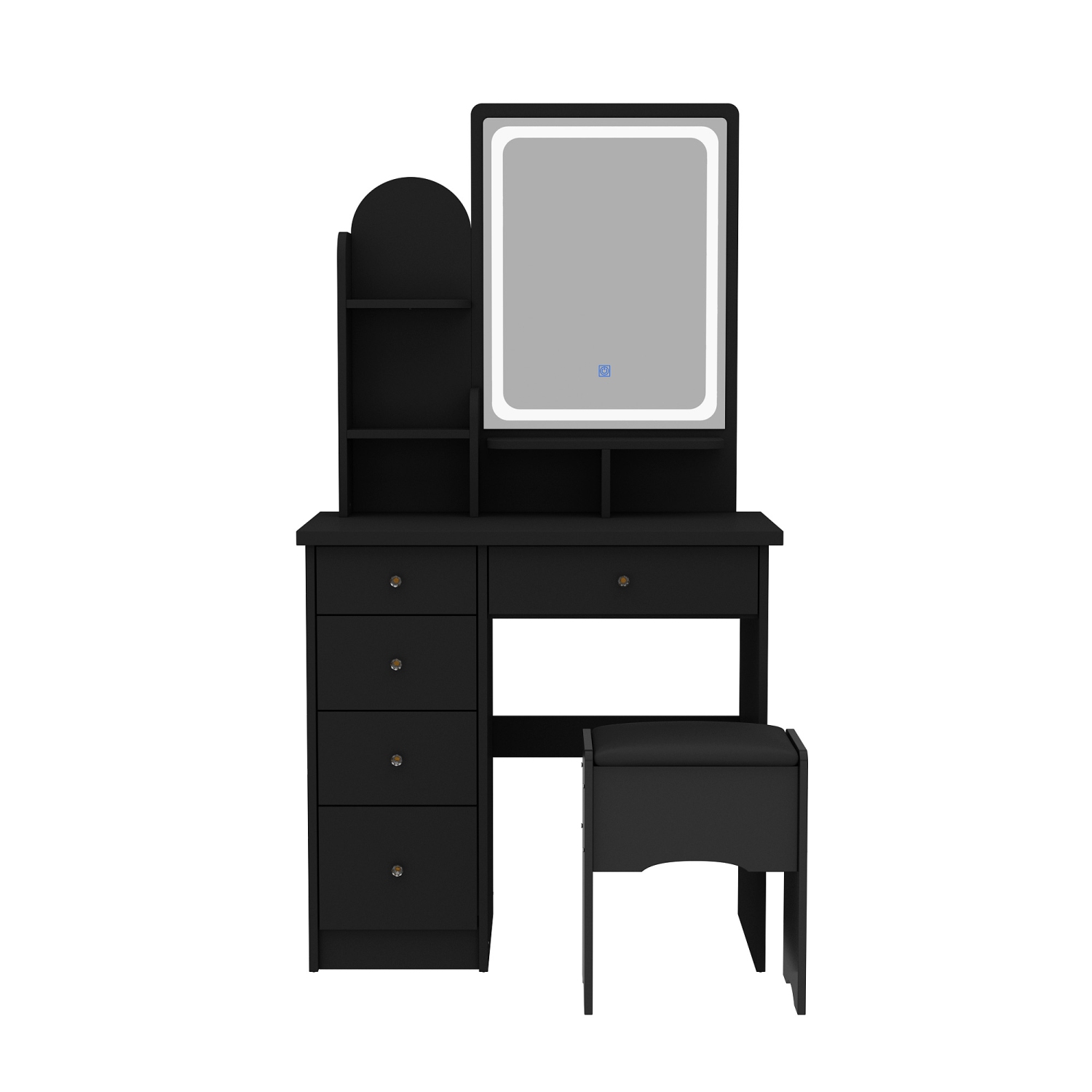 Homsee Vanity Desk Set with Large Lighted Mirror, 5 Drawers, Storage Shelves & Cushioned Stool for Bedroom, Black
