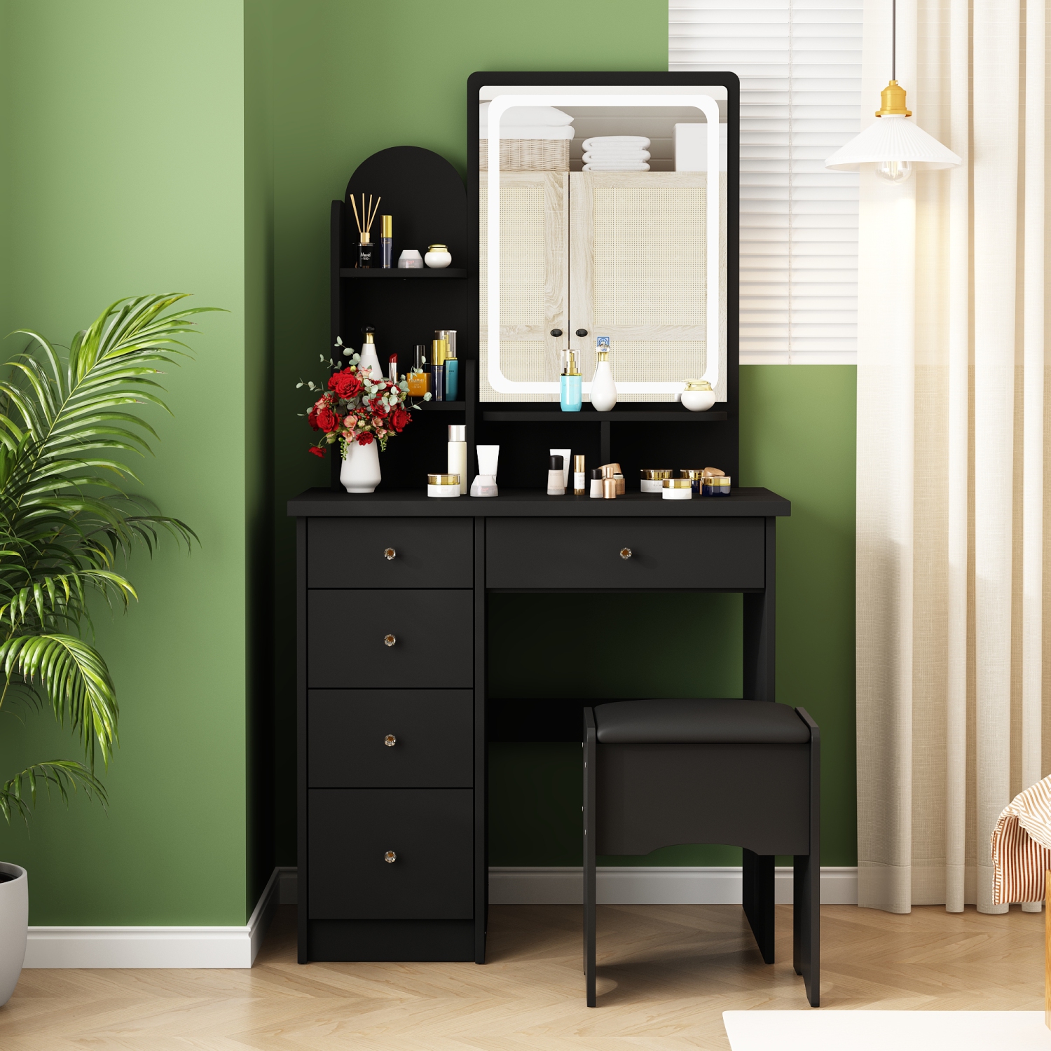 Homsee Vanity Desk Set with Large Lighted Mirror, 5 Drawers, Storage Shelves & Cushioned Stool for Bedroom, Black