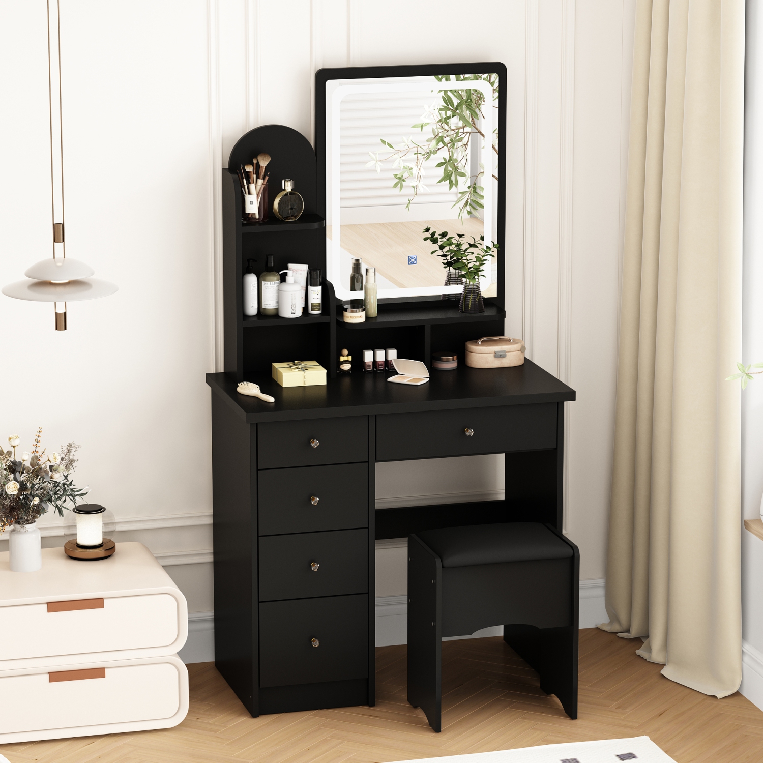 Homsee Vanity Desk Set with Large Lighted Mirror, 5 Drawers, Storage Shelves & Cushioned Stool for Bedroom, Black