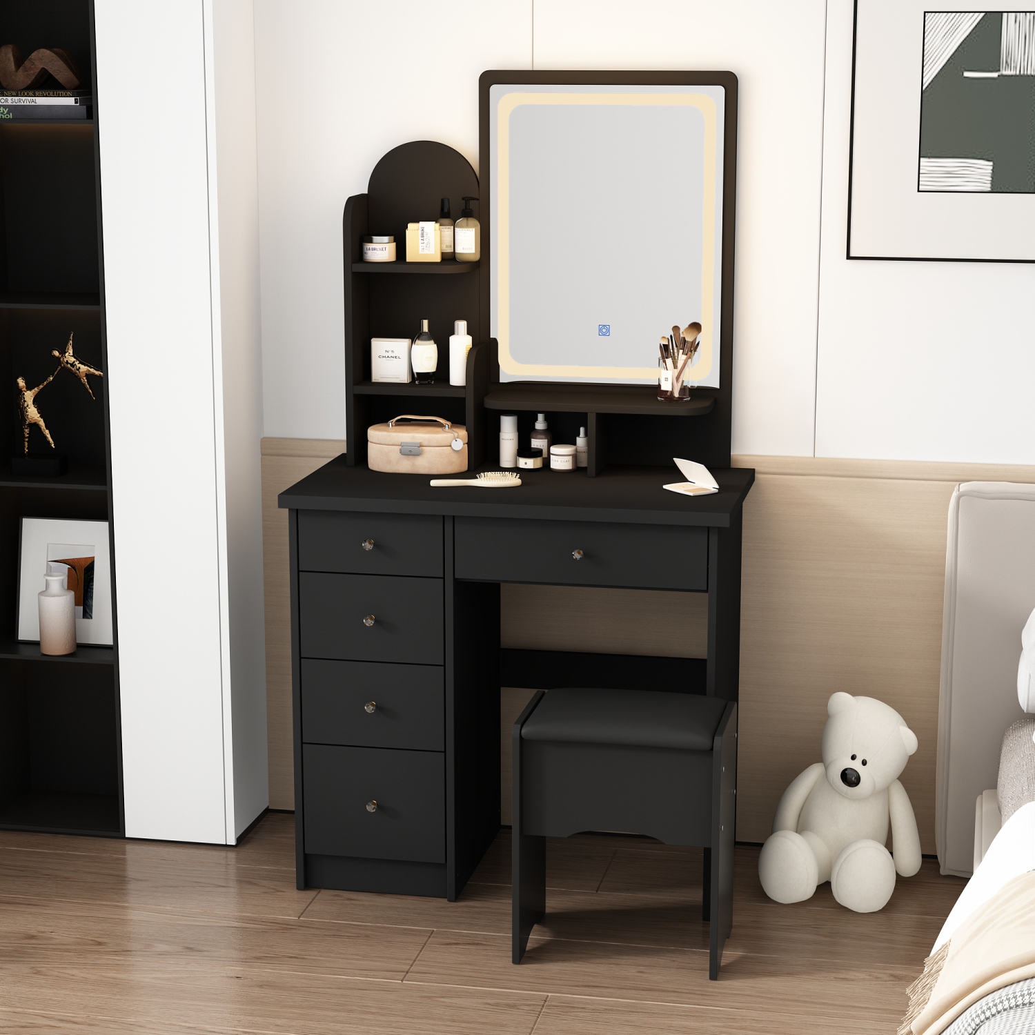 Homsee Vanity Desk Set with Large Lighted Mirror, 5 Drawers, Storage Shelves & Cushioned Stool for Bedroom, Black
