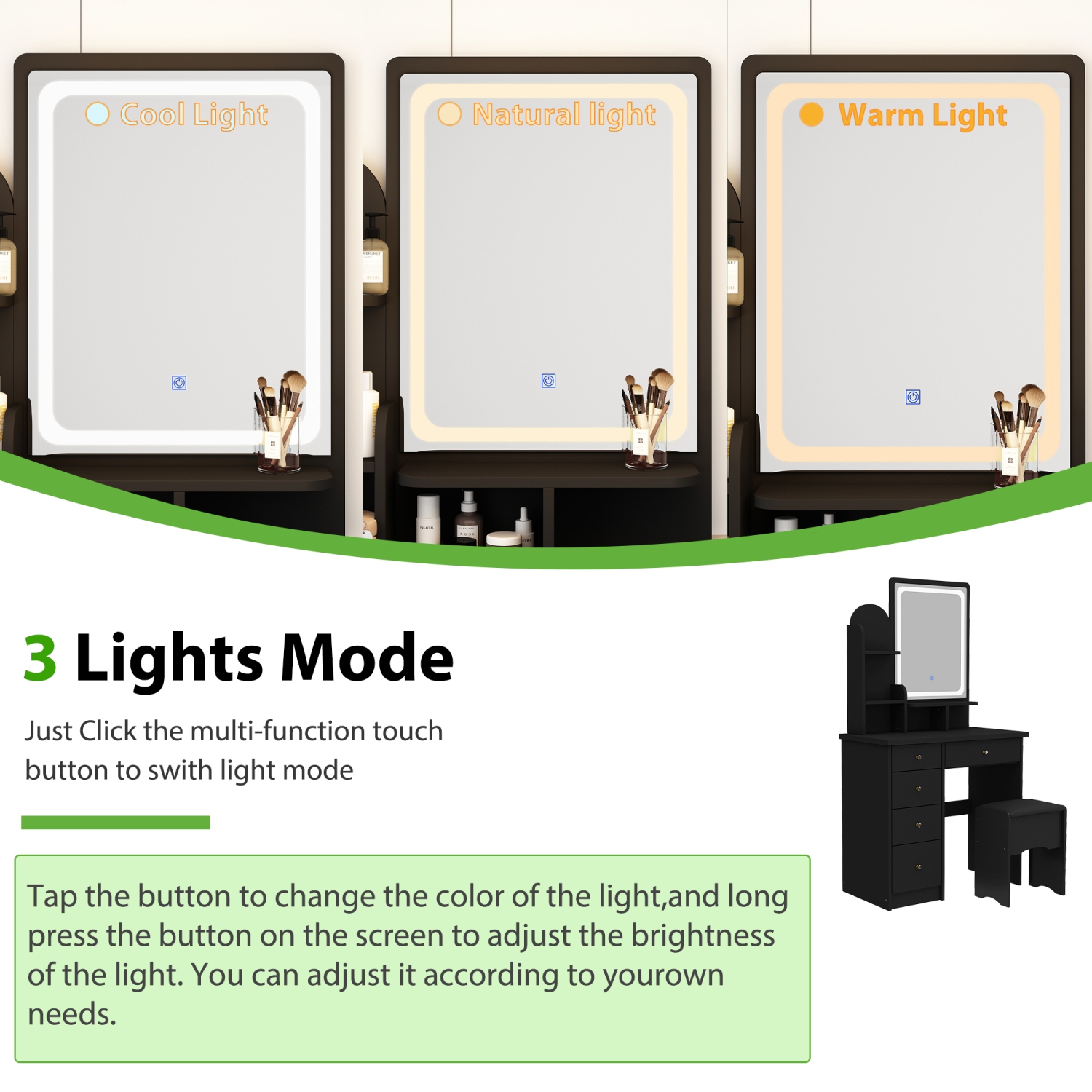 Homsee Vanity Desk Set with Large Lighted Mirror, 5 Drawers, Storage Shelves & Cushioned Stool for Bedroom, Black
