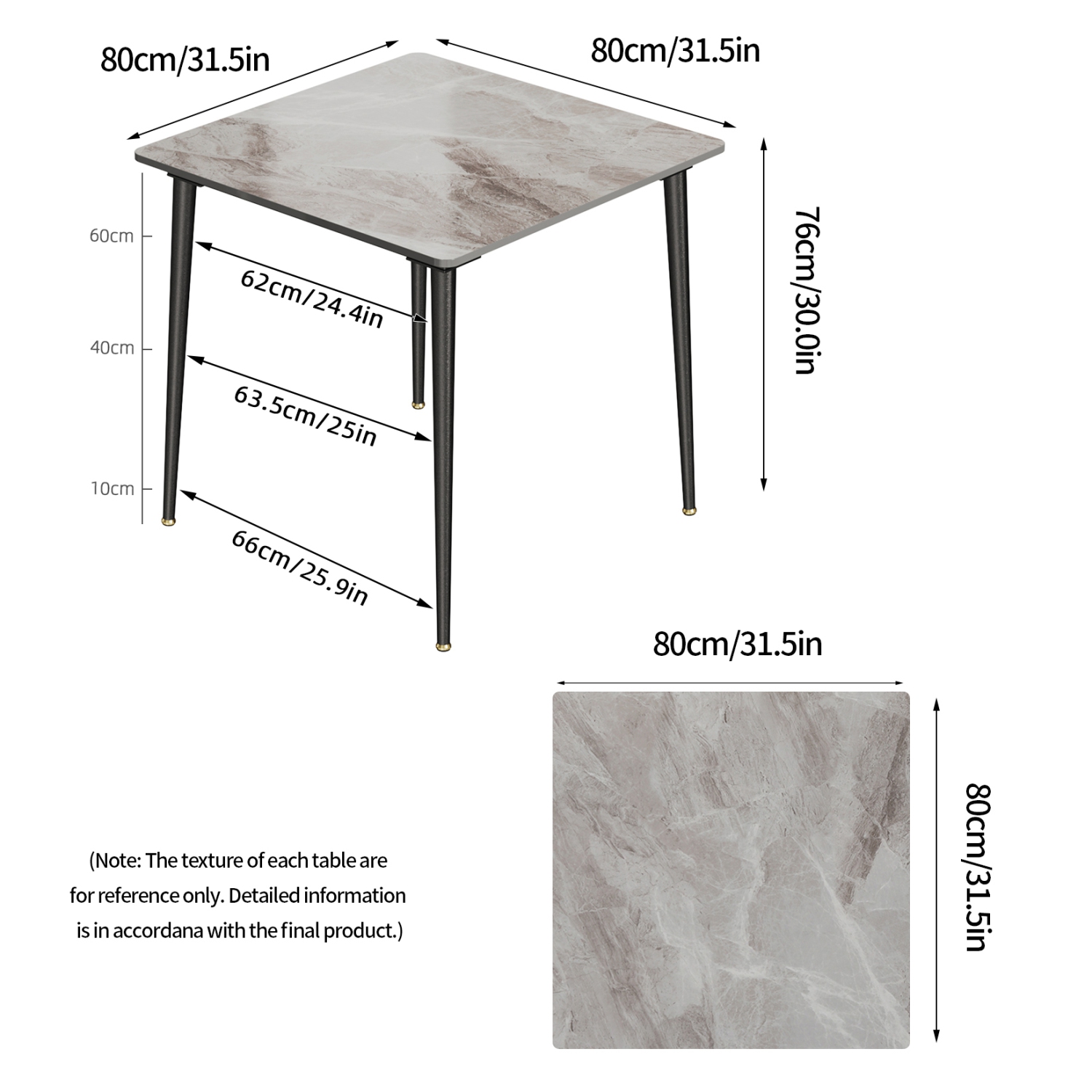 32 Inch Square Kitchen Dining Table:Modern Sintered Stone Marble Effect Dining Desk Furniture with Natural Texture Sintered Stone Top for Restaurant