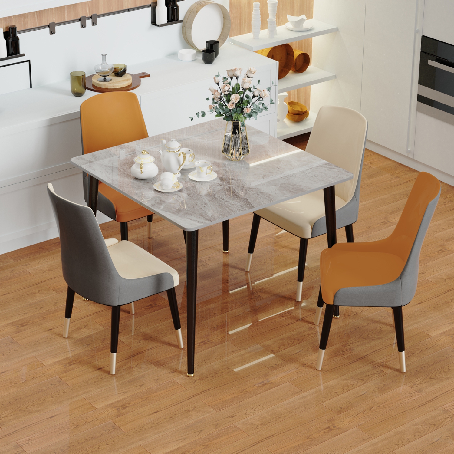 32 Inch Square Kitchen Dining Table:Modern Sintered Stone Marble Effect Dining Desk Furniture with Natural Texture Sintered Stone Top for Restaurant