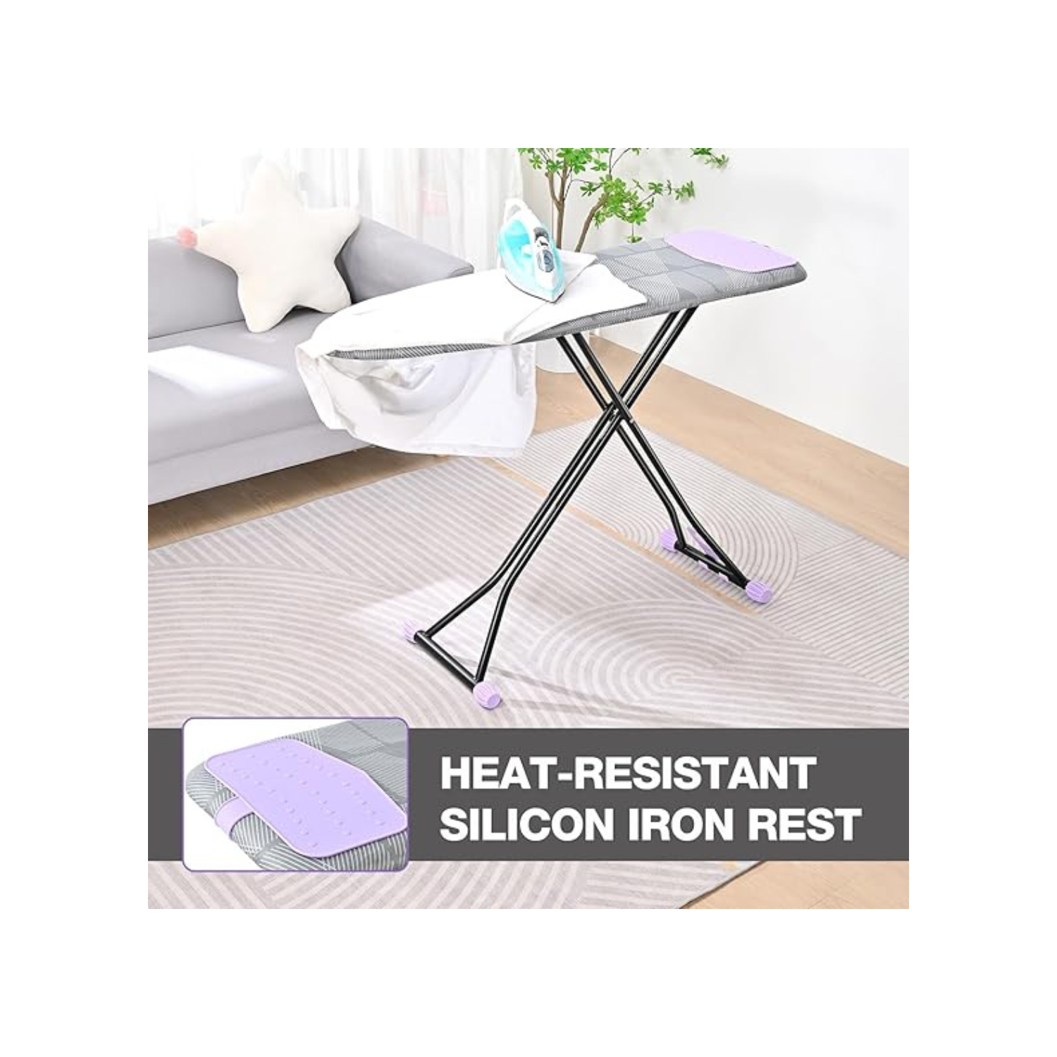 Ironing Board, Iron Board with Silicon Iron Rest, Extra Thick Heat Resistant Cover, Height Adjustable, Wall Mount & Closet Hanger Heavy Duty Legs