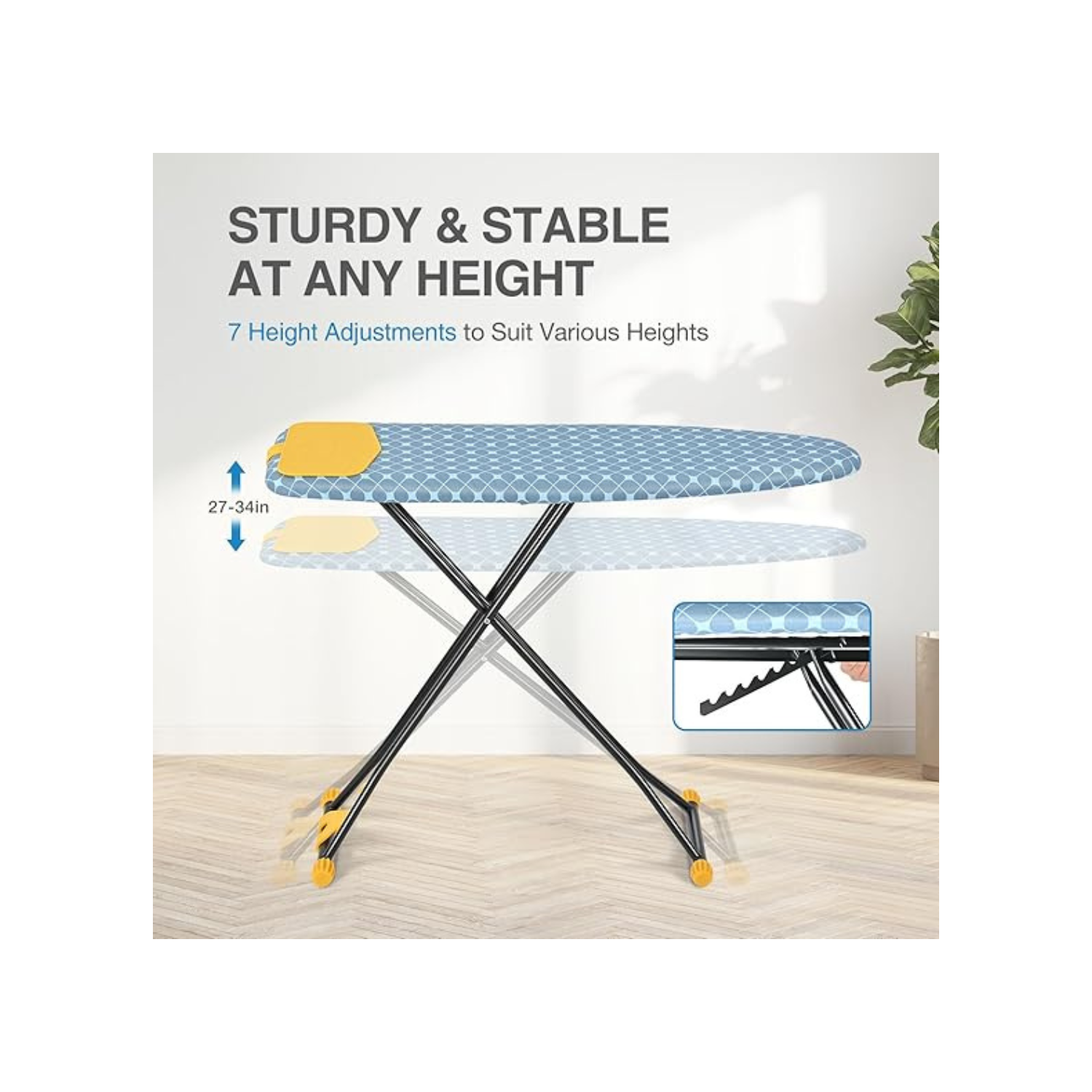 Ironing Board, Iron Board with Silicon Iron Rest, Extra Thick Heat Resistant Cover, Height Adjustable, Wall Mount & Closet Hanger Heavy Duty Legs