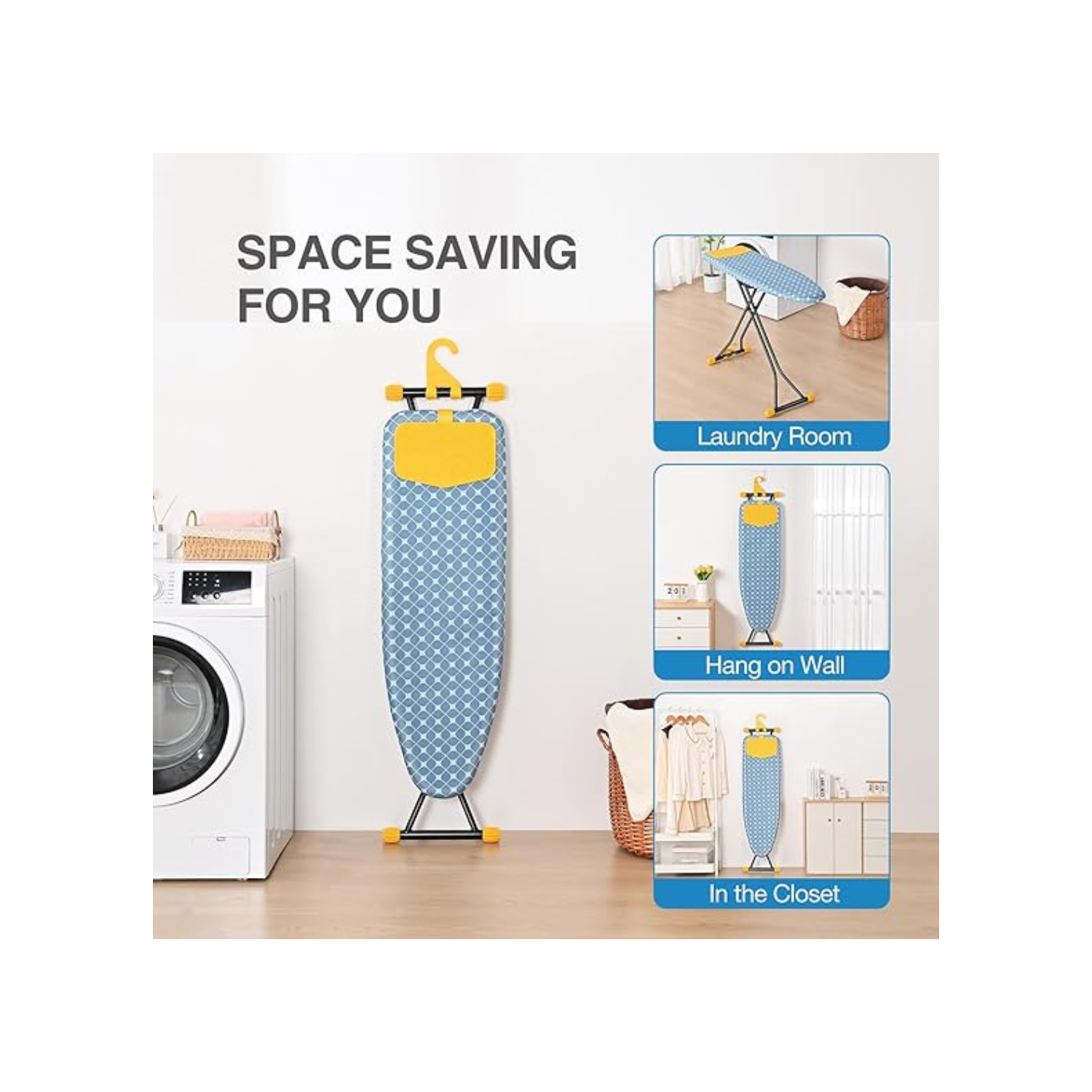 Ironing Board, Iron Board with Silicon Iron Rest, Extra Thick Heat Resistant Cover, Height Adjustable, Wall Mount & Closet Hanger Heavy Duty Legs