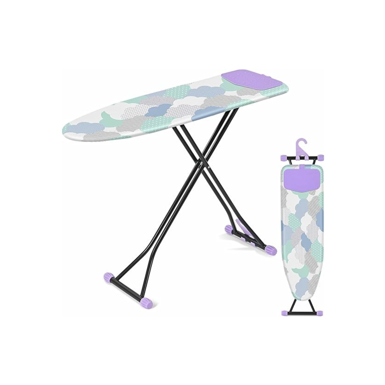 Ironing Board, Iron Board with Silicon Iron Rest, Extra Thick Heat Resistant Cover, Height Adjustable, Wall Mount & Closet Hanger Heavy Duty Legs