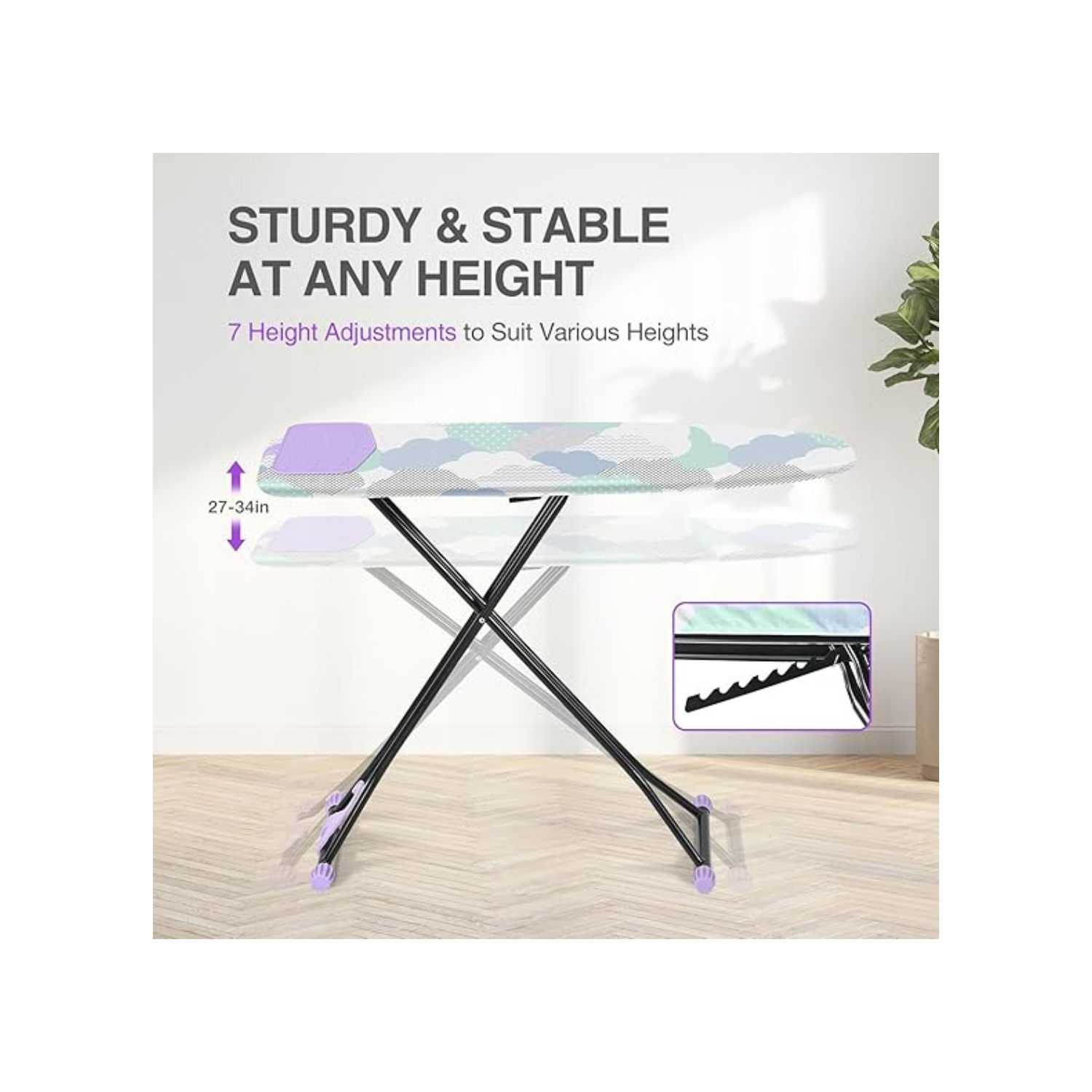 Ironing Board, Iron Board with Silicon Iron Rest, Extra Thick Heat Resistant Cover, Height Adjustable, Wall Mount & Closet Hanger Heavy Duty Legs